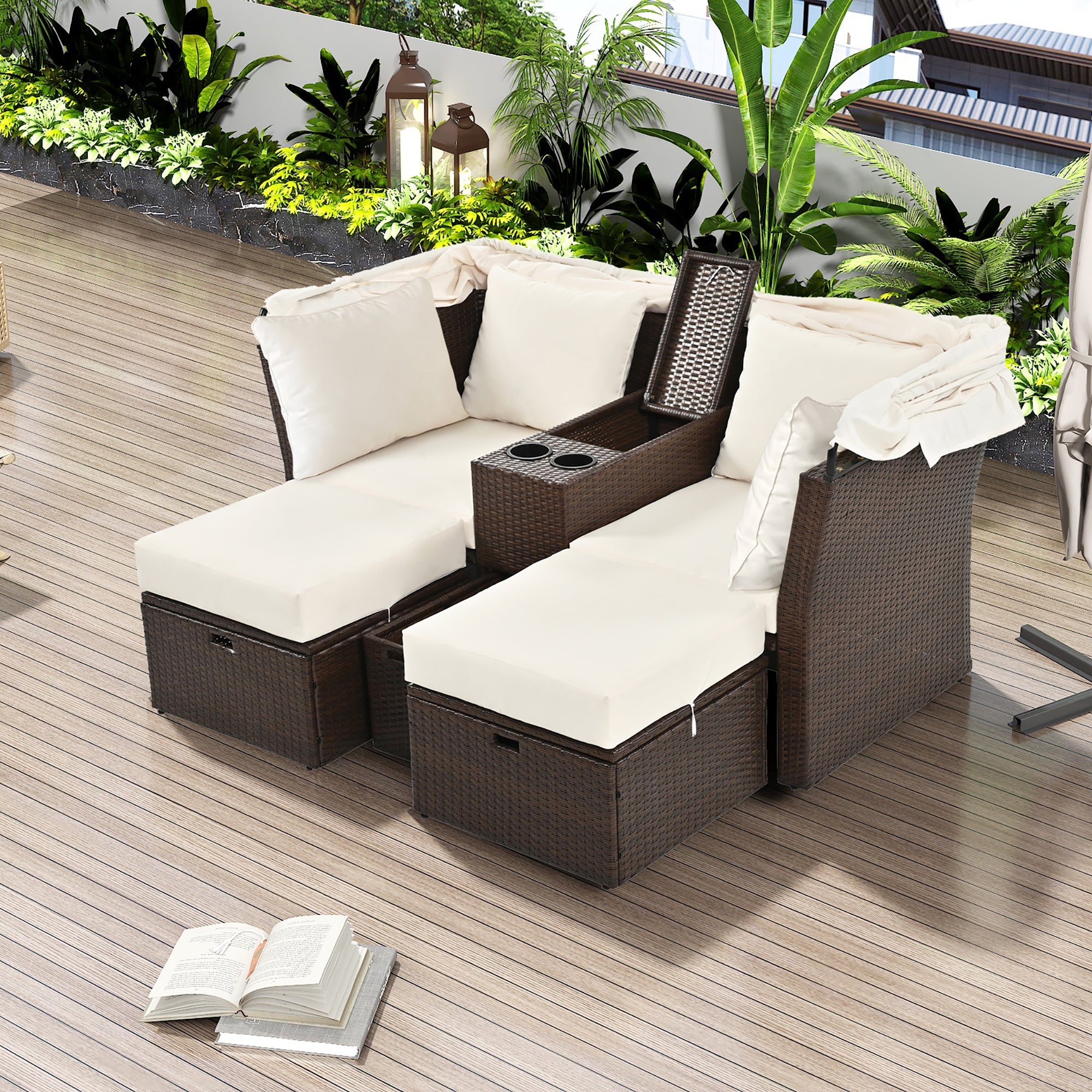 2 Seater Outdoor Patio Daybed with Foldable Awning & Cushions - Double Loveseat Sofa Set for Garden, Balcony, Poolside - Perfect for Relaxing, Sunbathing & Outdoor Lounging (Beige)