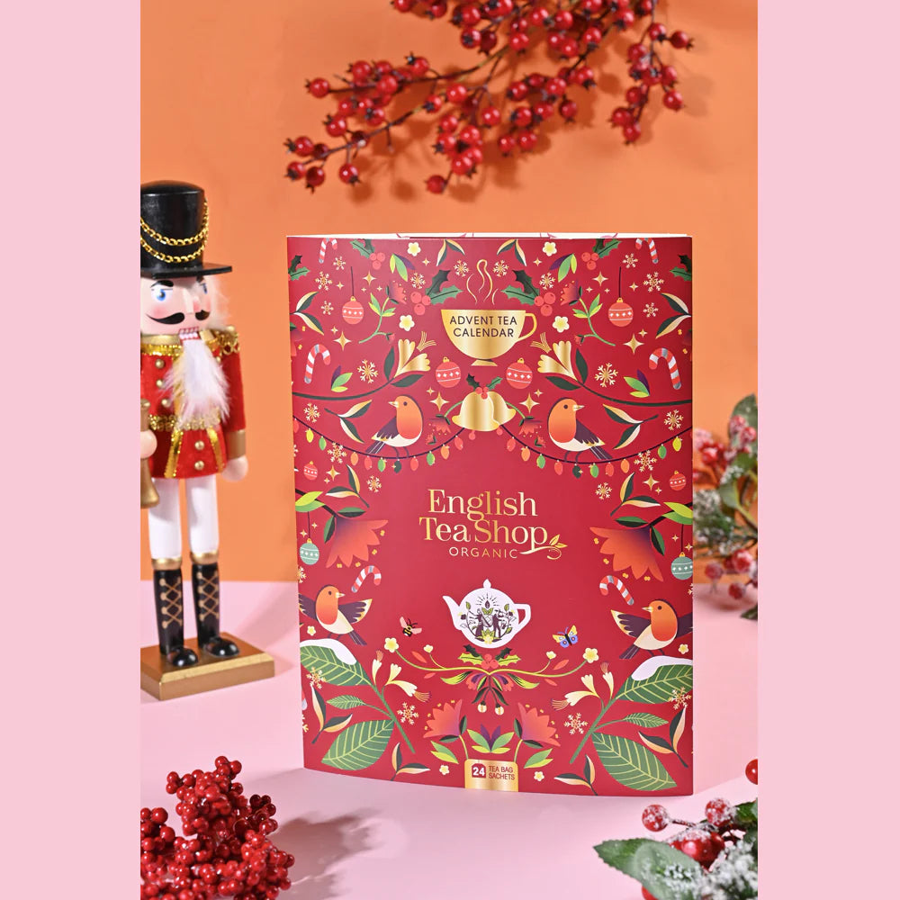 English Tea Shop Advent Calendar - 24 Red Sachet Book Tea Bags for Holiday Countdown & Christmas Gifts