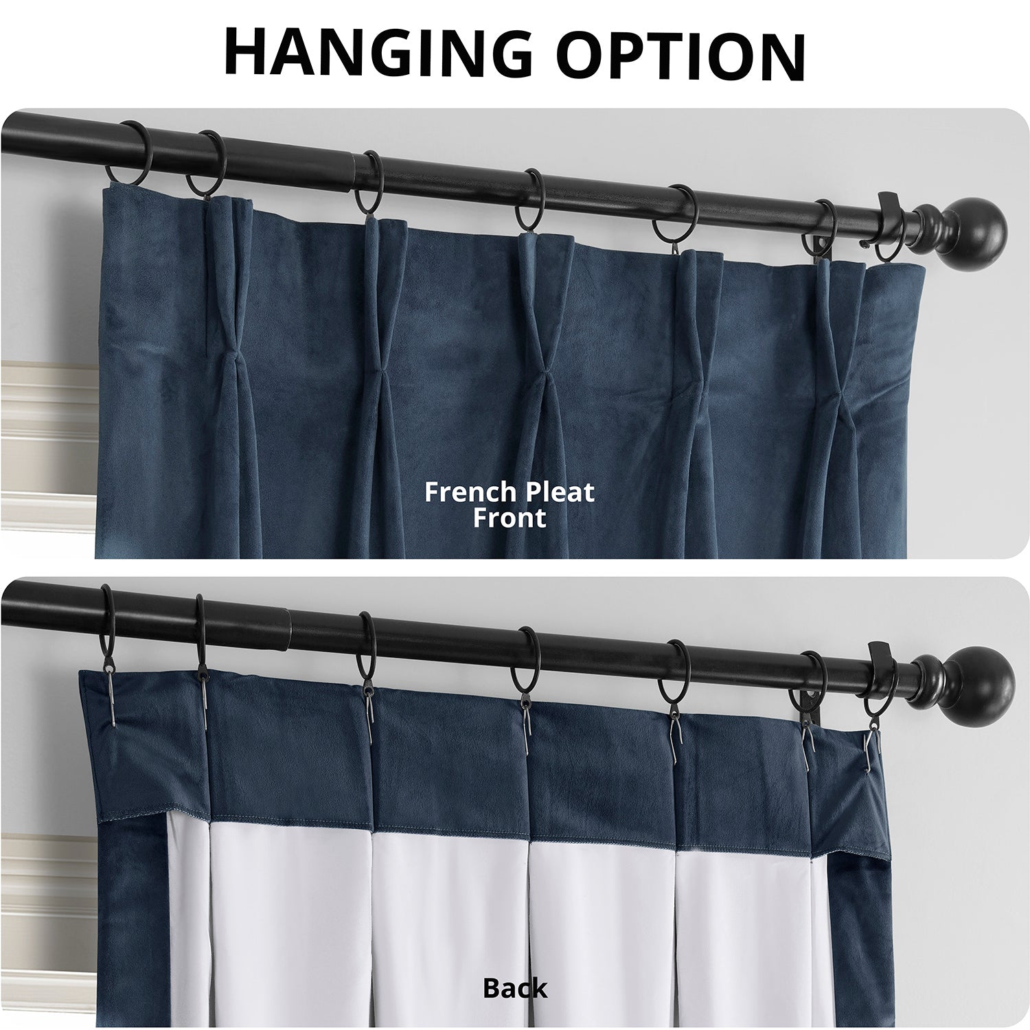 Midnight Blue French Pleat Signature Velvet Blackout Curtains for Bedroom - Thermal Insulated Noise Reducing Window Drapes for Living Room & Nursery