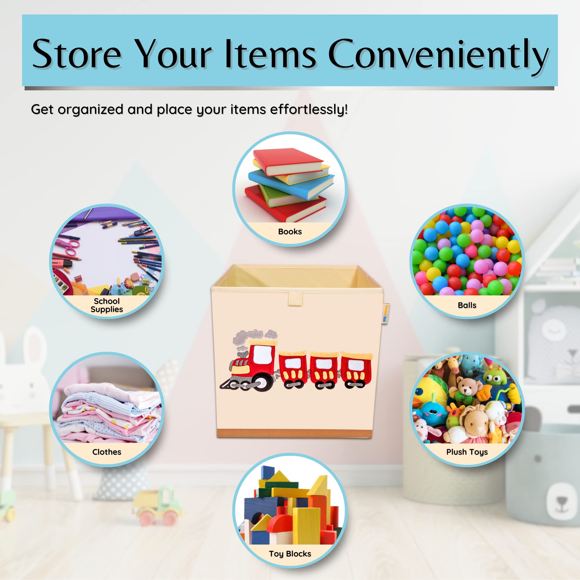 Washable Canvas Toy Storage Cube Organizer - Foldable 13x13x13 Inch Toy Box for Kids Bedroom & Playroom | Train Design | Perfect for Organizing Stuffed Animals, Legos & Playroom Toys