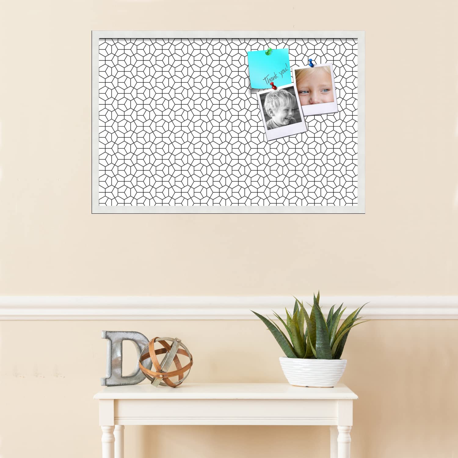 PinPix 34x22 Inch Cork Bulletin Board with Hex Black Design & White Frame - Wall Mounted Memo Board for Home Office Decor, School Classroom, Dorm Room Organization & Message Display