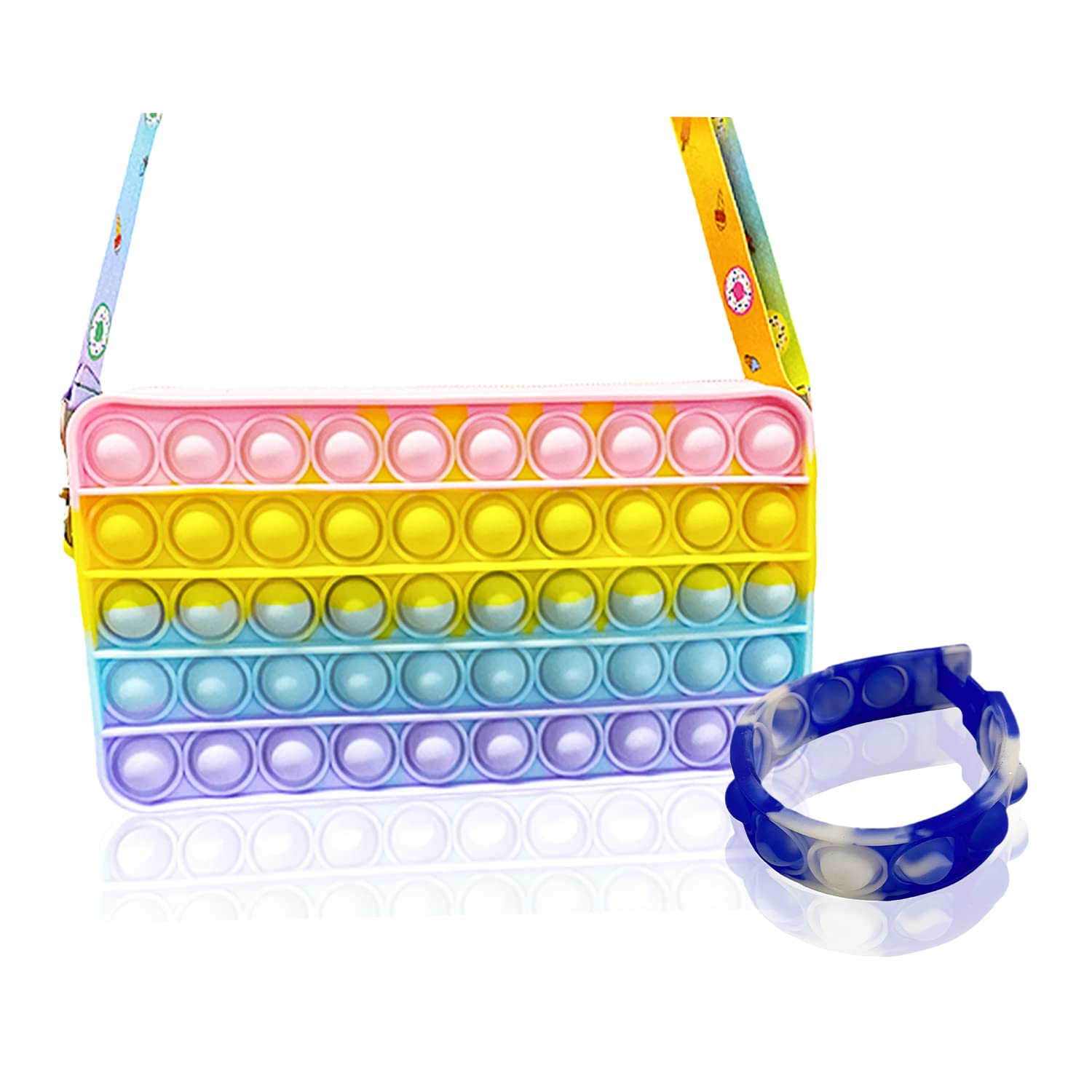 Ohio Creations Pop It Crossbody Purse for Girls - Colorful Lightweight Shoulder Bag with Fidget Sensory Toy | Includes Matching Pop It Bracelet (Pastel Rainbow) | Perfect for School, Travel & Stress Relief