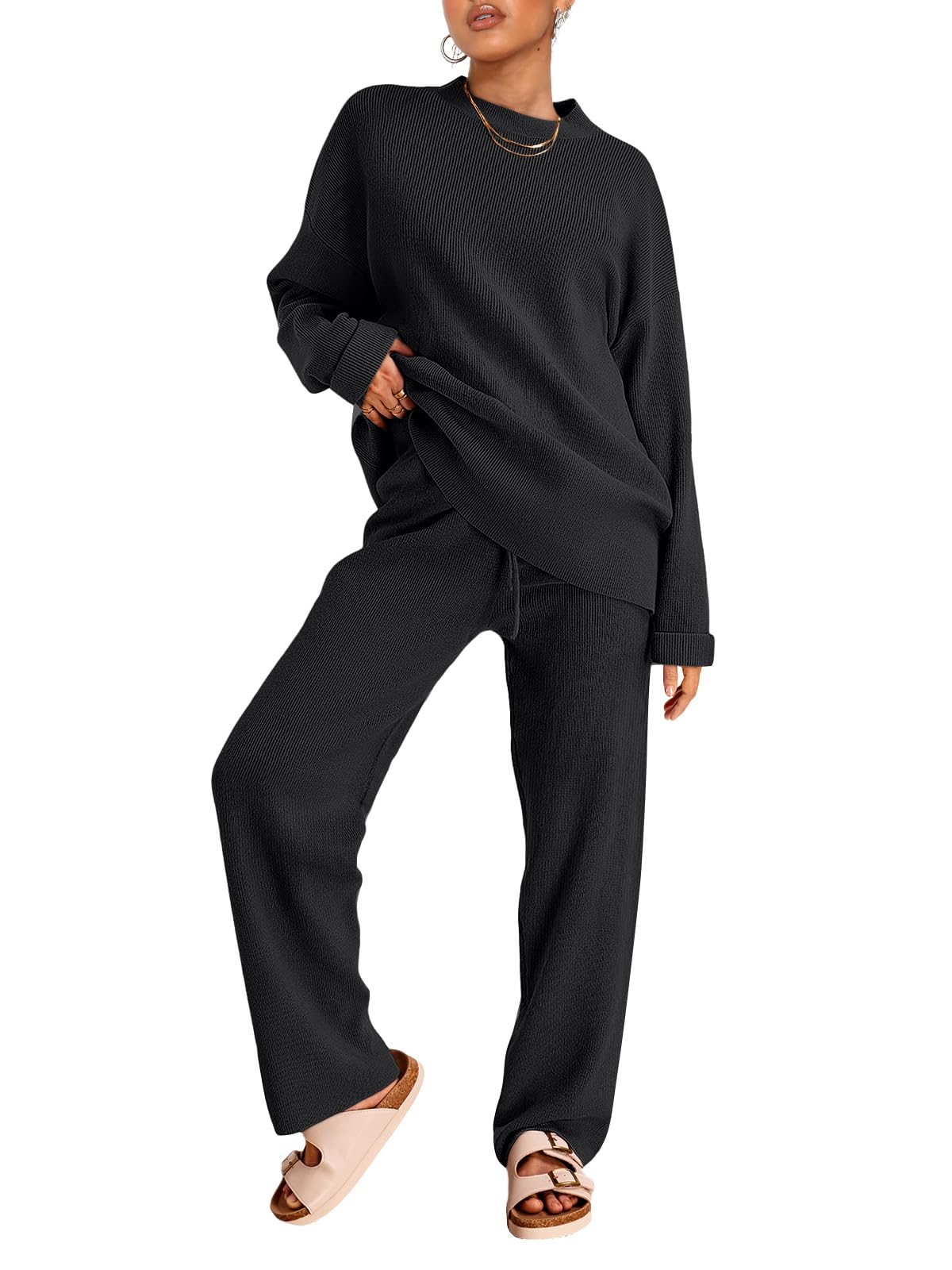 LILLUSORY Women's 2-Piece Oversized Striped Sweater Set Cozy Knit Sweater Outfit for Fall Winter 2024 | Casual Loungewear, Streetwear Fashion, Work from Home Comfort