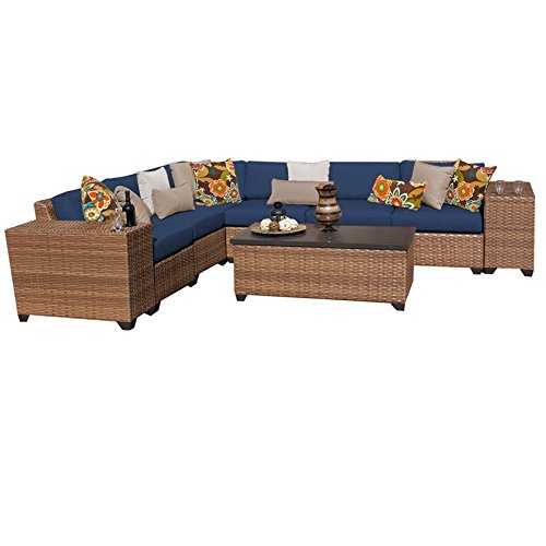BOWERY HILL 9-Piece Navy Blue Wicker and Fabric Patio Sectional Sofa Set - Outdoor Furniture for Backyard, Garden, and Poolside Relaxation