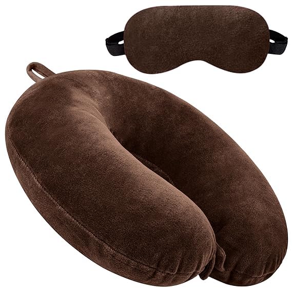 Premium Travel Neck Pillow for Airplane, Car & Office - Comfortable Memory Foam Head Rest Support - Unisex Ergonomic Design for Sleeping & Relaxation - Perfect for Long Flights, Road Trips & Work Breaks (Brown)