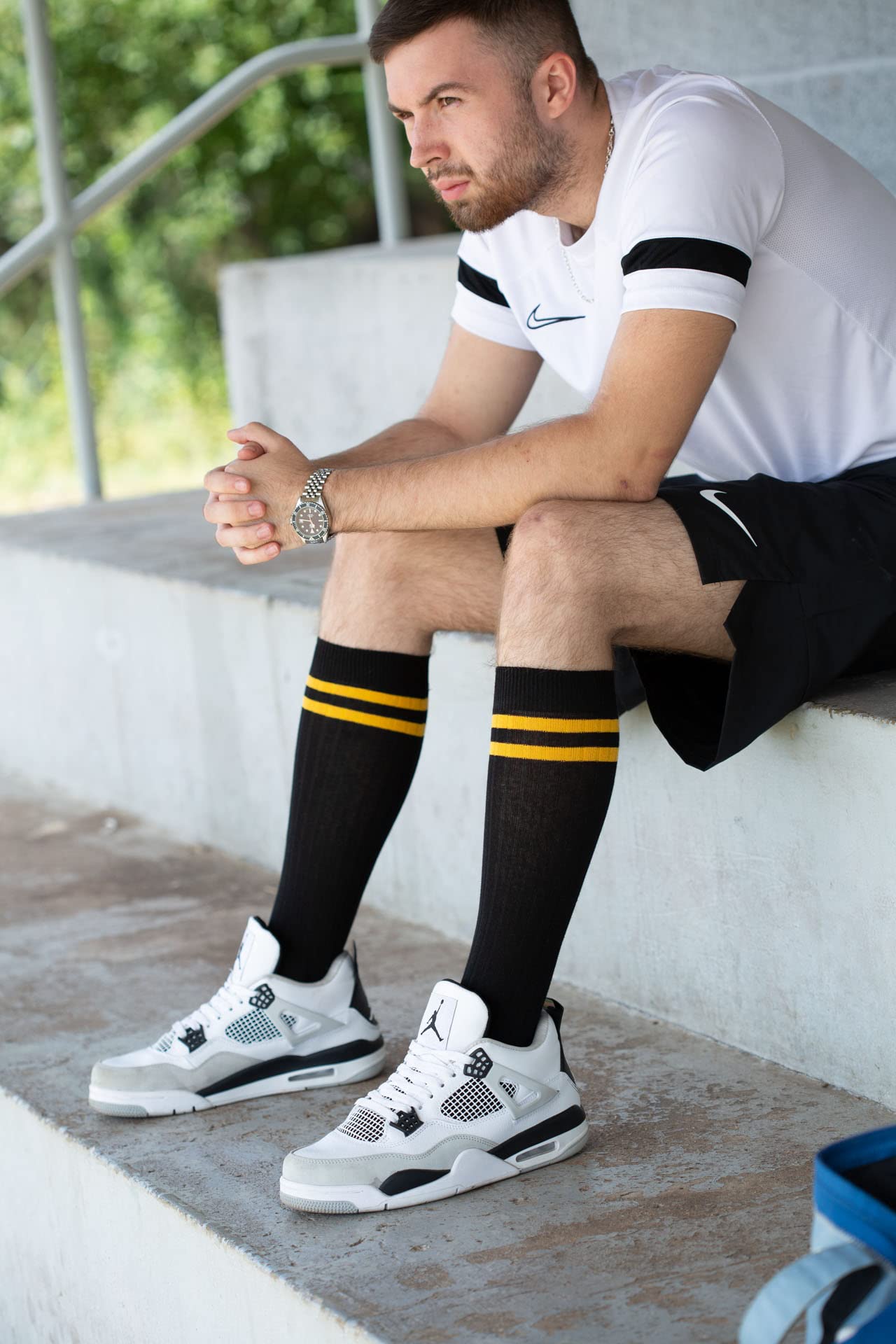 4 Pack Men's Knee High Cotton Striped Dress Socks - Over The Calf Formal Socks for Business & Office (Size 9-11) - Perfect for Work, Dress Shoes & Professional Outfits