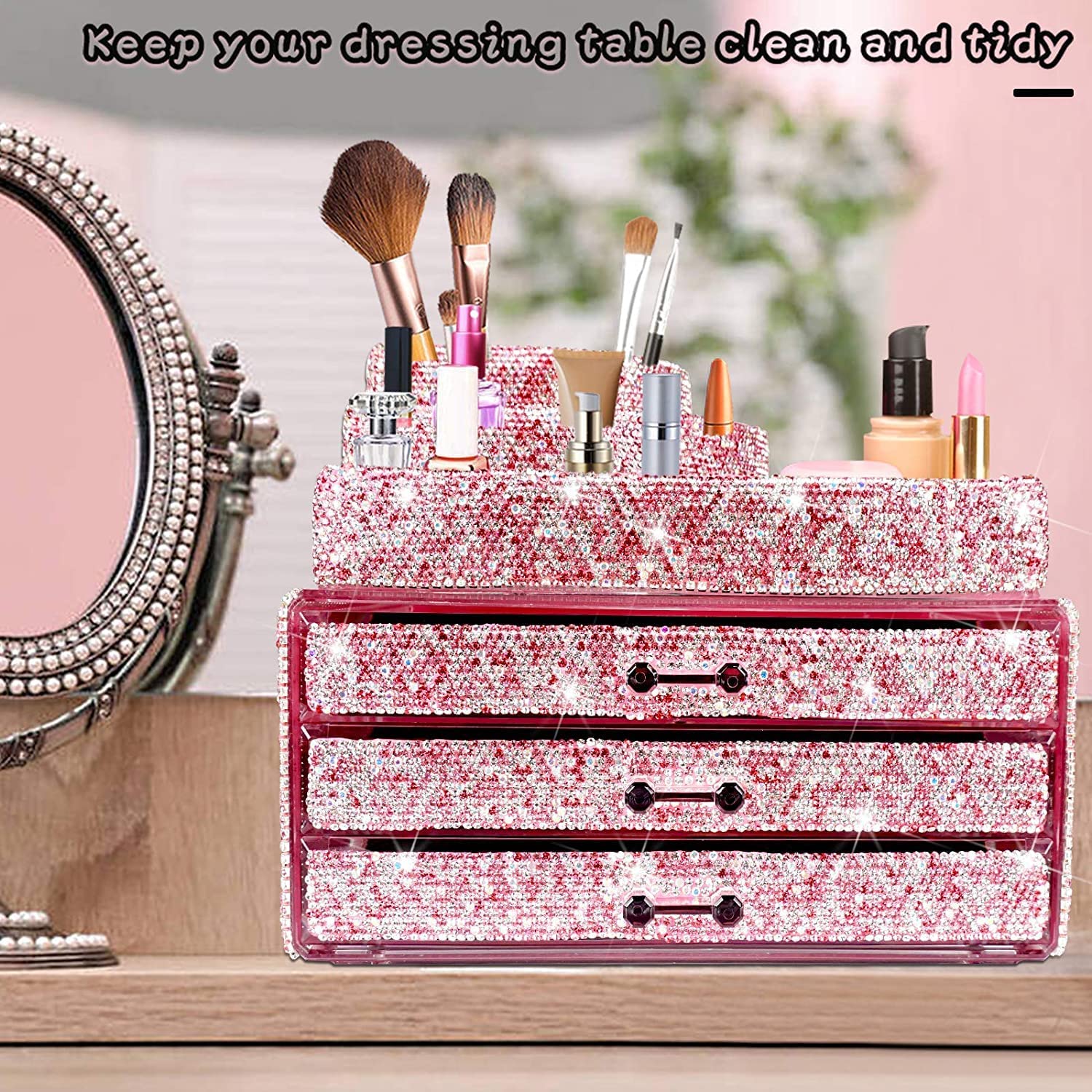 KEYPOWER Makeup Organizer with Jewelry Drawer & Brush Holder - Pink Cosmetic Storage Case for Vanity, Bathroom, and Travel | Perfect for Makeup Artists and Beauty Enthusiasts