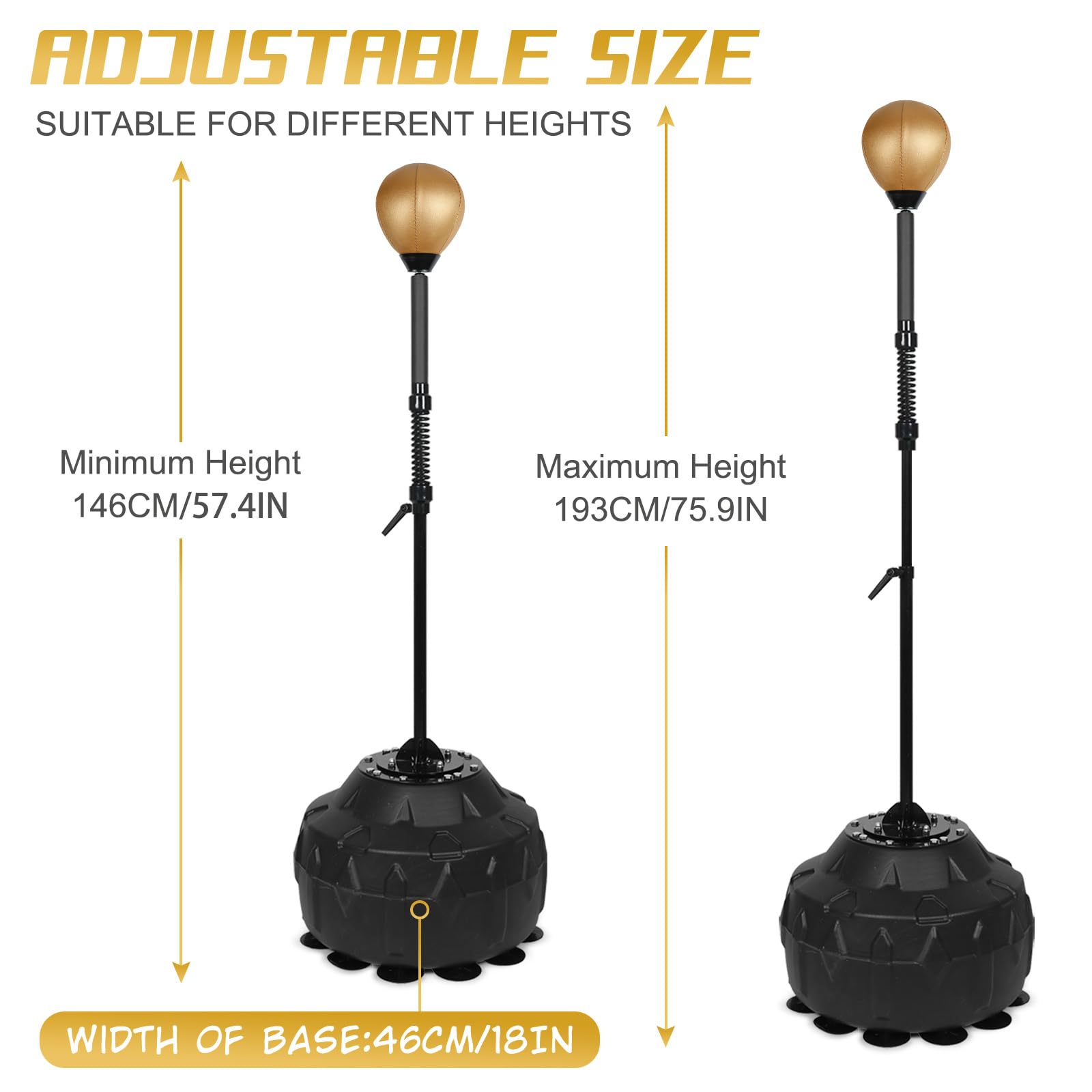 Premium Reflex Speed Bag with Thick Base - Adjustable Height Free Standing Punching Bag for Boxing Training, Stress Relief & Fitness - Heavy Duty Reinforced Spring, Durable Golden Design - Perfect for Home Gym, Martial Arts & Cardio Workouts