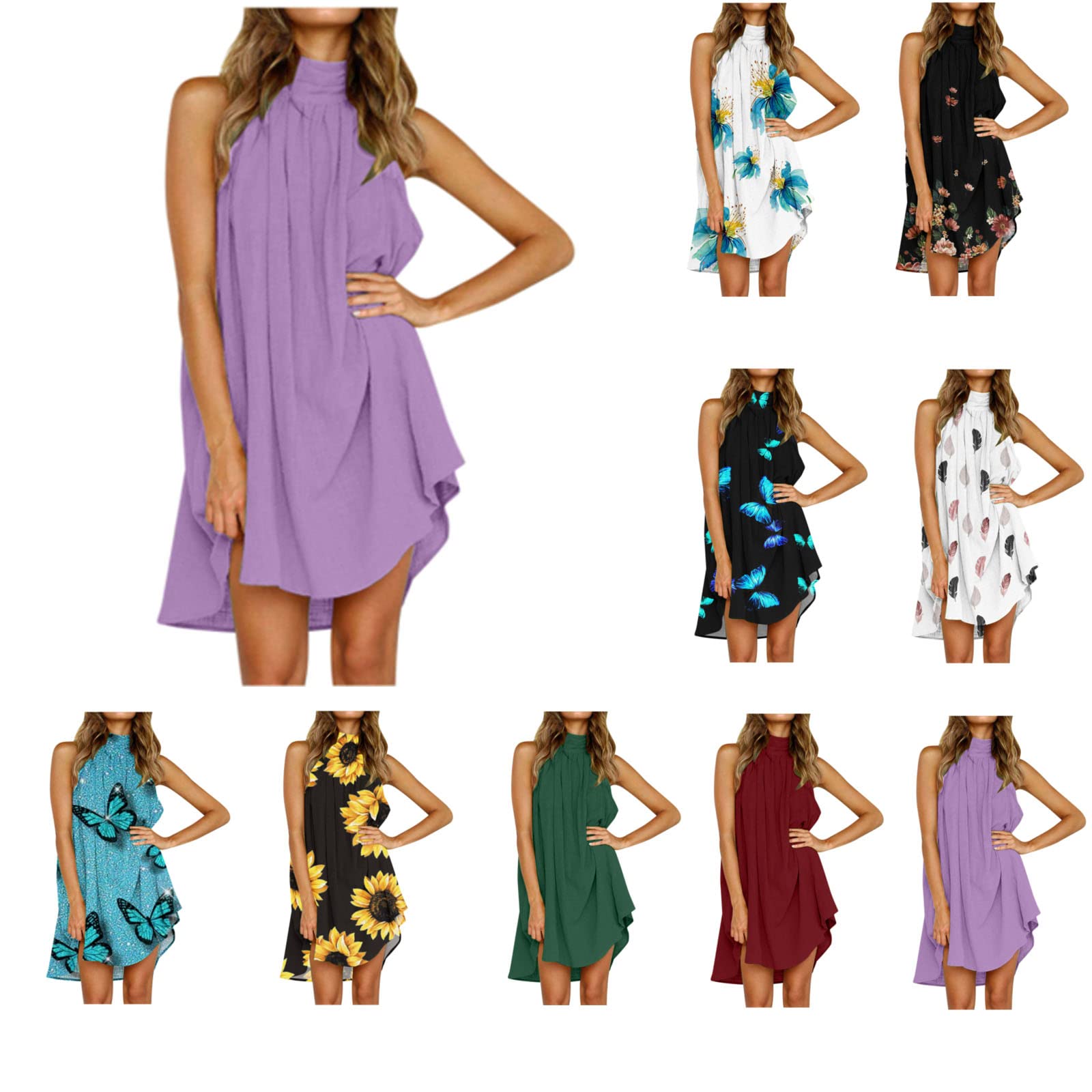 Women's Summer Halter Dress - Sleeveless High Neck Smocked Floral Mini Dress | Casual Beach Wear, Vacation Outfit, Party Dress in Purple | Perfect for Poolside, Date Night & Summer Festivals