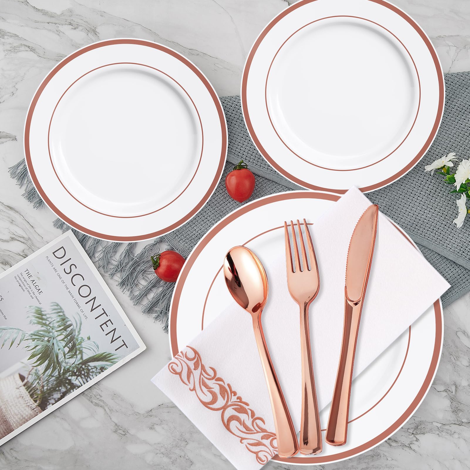 700-Piece Rose Gold Disposable Dinnerware Set - 200 Plastic Plates, 300 Silverware, 100 Cups & 100 Hand Towels - Elegant Party Supplies for Halloween, Christmas, Thanksgiving - Perfect for Weddings, Baby Showers & Birthday Celebrations