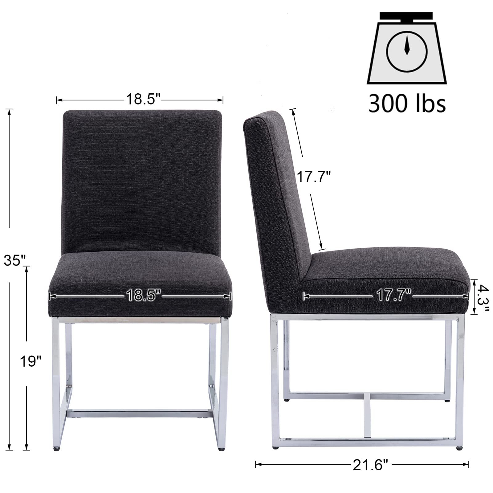 Modern Dining Chairs Set of 2 - Mid Century Upholstered Kitchen Chairs with Linen Fabric & Chrome Metal Frame - Charcoal Black - Perfect for Dining Room, Kitchen Island & Small Space Decor