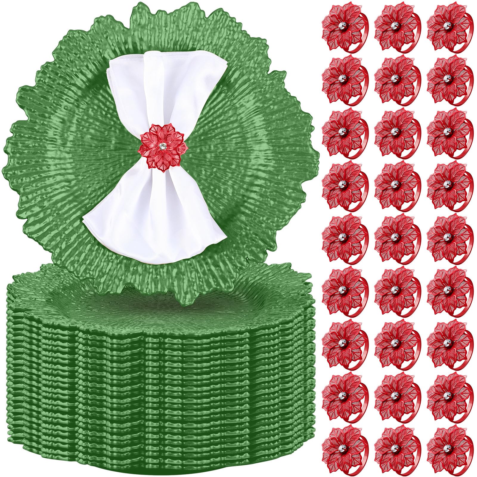 50-Piece Matte Reef Charger Plate Set with Ruffled Rim & Hollow-Out Flower Napkin Rings - 13
