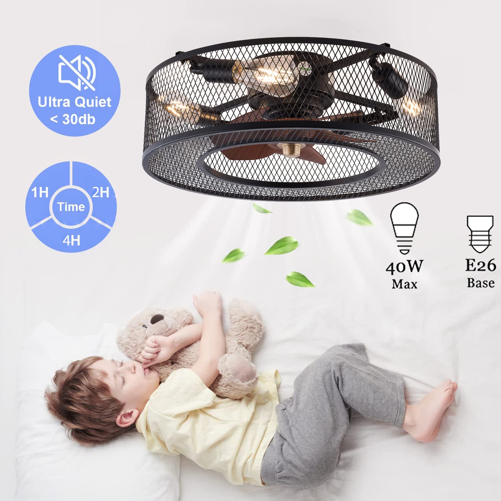 20 Inch Black Iron Caged Ceiling Fan with Light - 3 Speed Adjustable Remote Control, Low Profile Flush Mount Chandelier - Perfect for Bedroom, Dining Room, Living Room & Home Office Decor