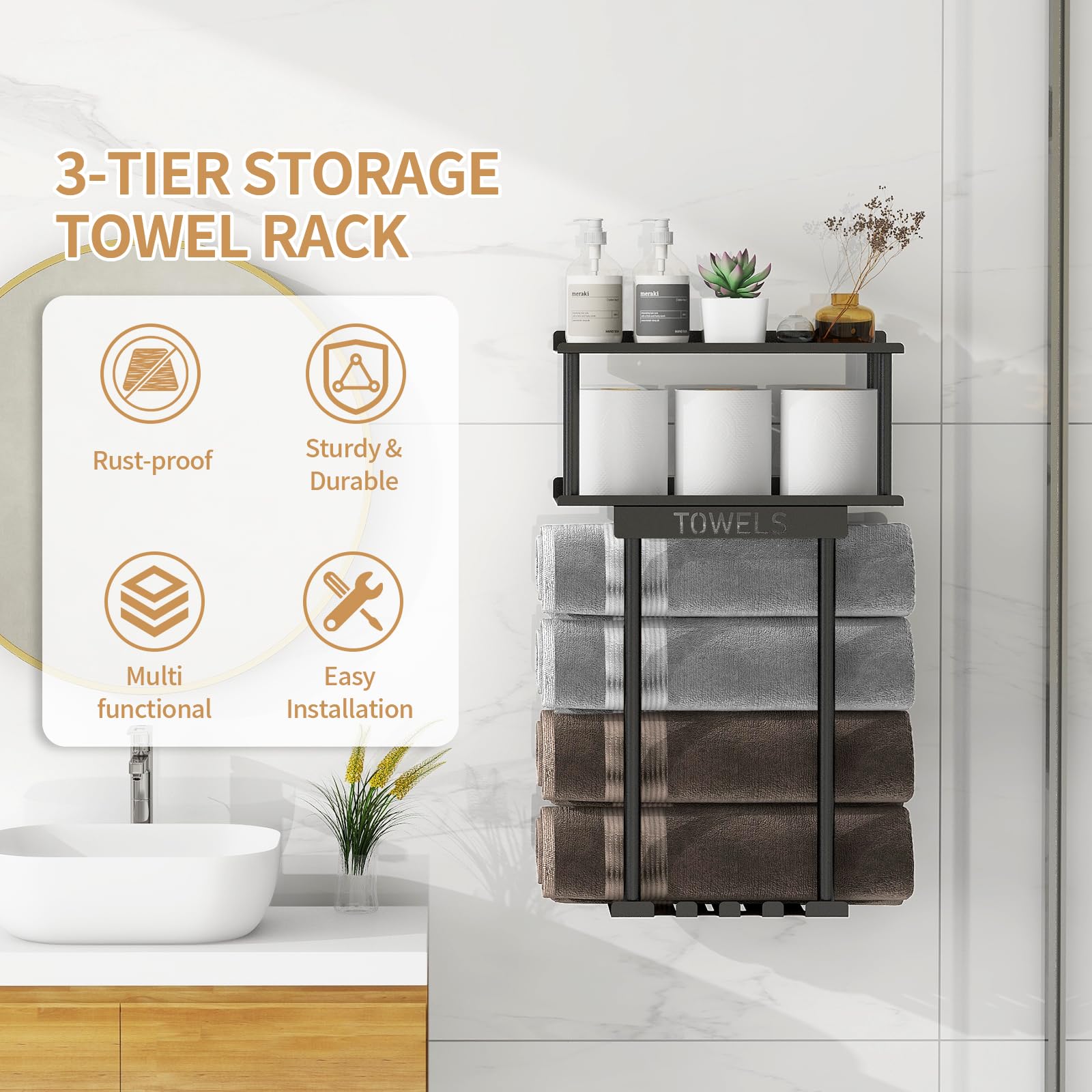 Sturdy Metal Wall Mounted Bathroom Towel Rack with Shelf & Storage Basket - Space Saving Towel Organizer with Hooks for Small Bathrooms (Black) - Perfect for Bathroom Organization & Rolled Towel Storage