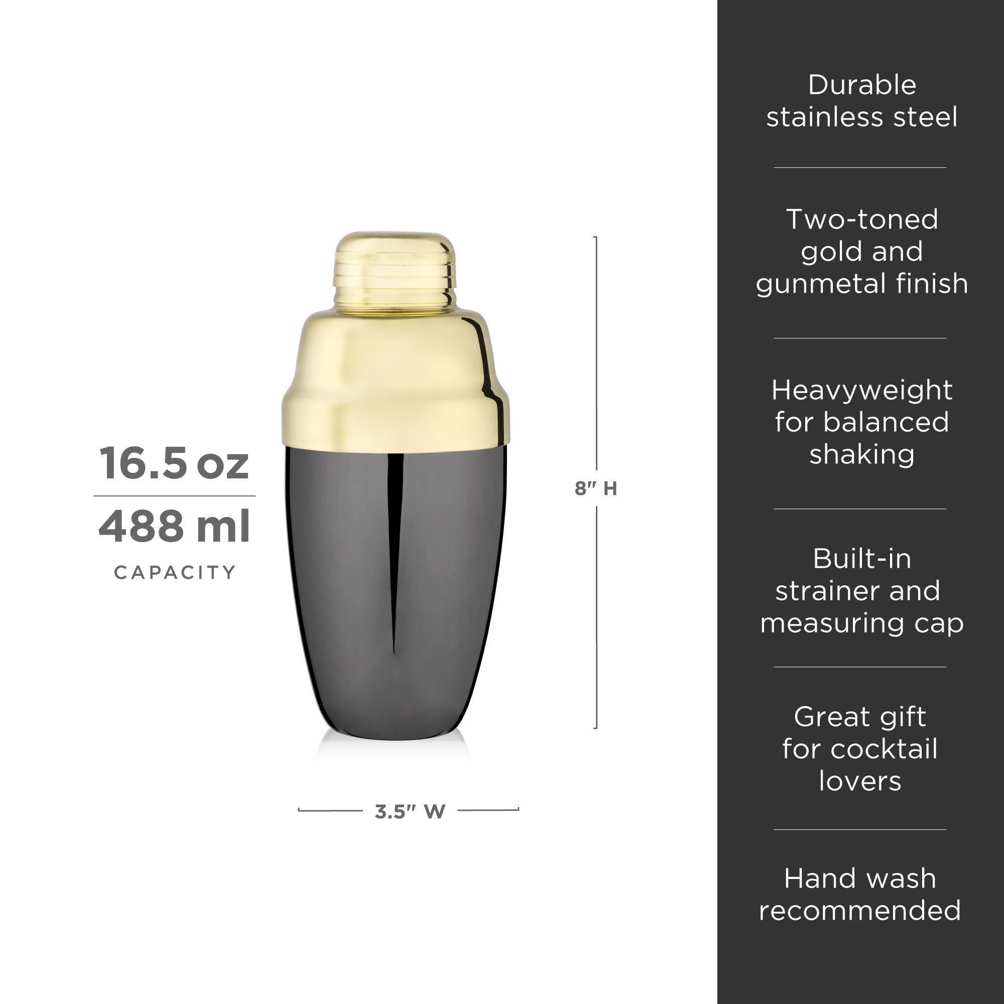Premium Heavyweight Cocktail Shaker Set - 28oz Stainless Steel Bar Mixing Kit with Strainer & Lid (Elegant Black & Gold) - Perfect for Home Bars, Professional Bartending & Cocktail Parties