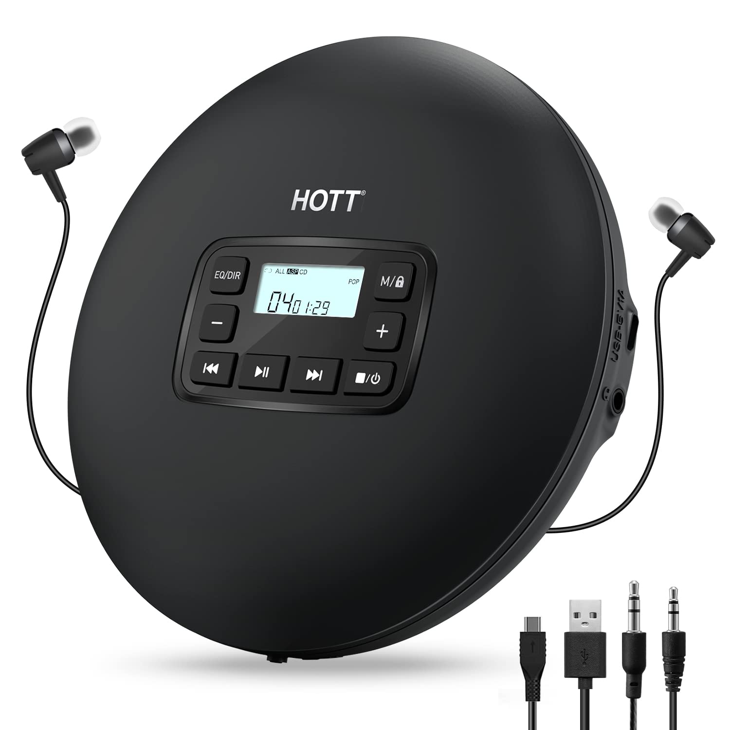 Portable CD Player with Anti-Shock Earphones - HOTT CD204 Walkman MP3 Player for Audiobooks & Music, Compact Discman for Kids & Adults (Black) - Perfect for Travel, Commuting, and Home Listening