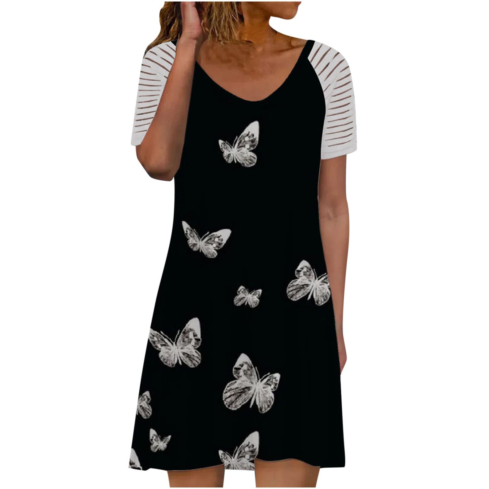 Women's Fashion Summer Dress - Butterfly Print Casual Short Sleeve Knee-Length Midi Dress for Vacation, Beach, Party & Daily Wear | Flowy & Comfortable