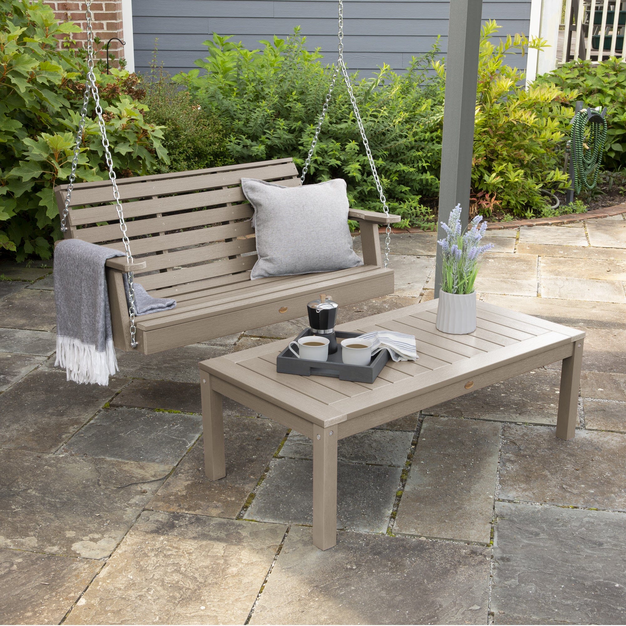 Weatherly 4ft Porch Swing with Adirondack Coffee Table - Outdoor Patio Furniture Set for Relaxing in Garden, Backyard or Deck