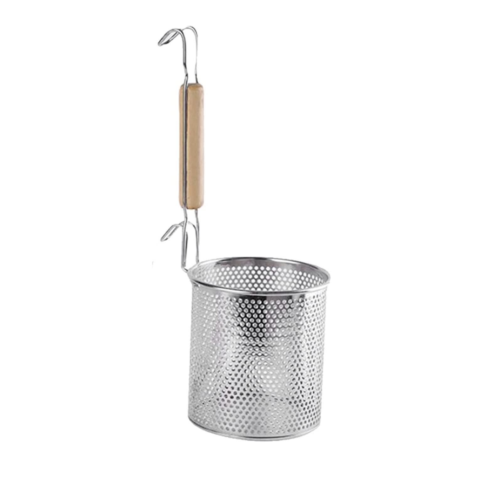 Stainless Steel Fry Basket Strainer with Hook & Wooden Handle - 12cm Deep Frying Basket for Dumplings, Udon, Pasta, Vegetables - Perfect for Home Cooking, Restaurant Use & Deep Fryer Accessories