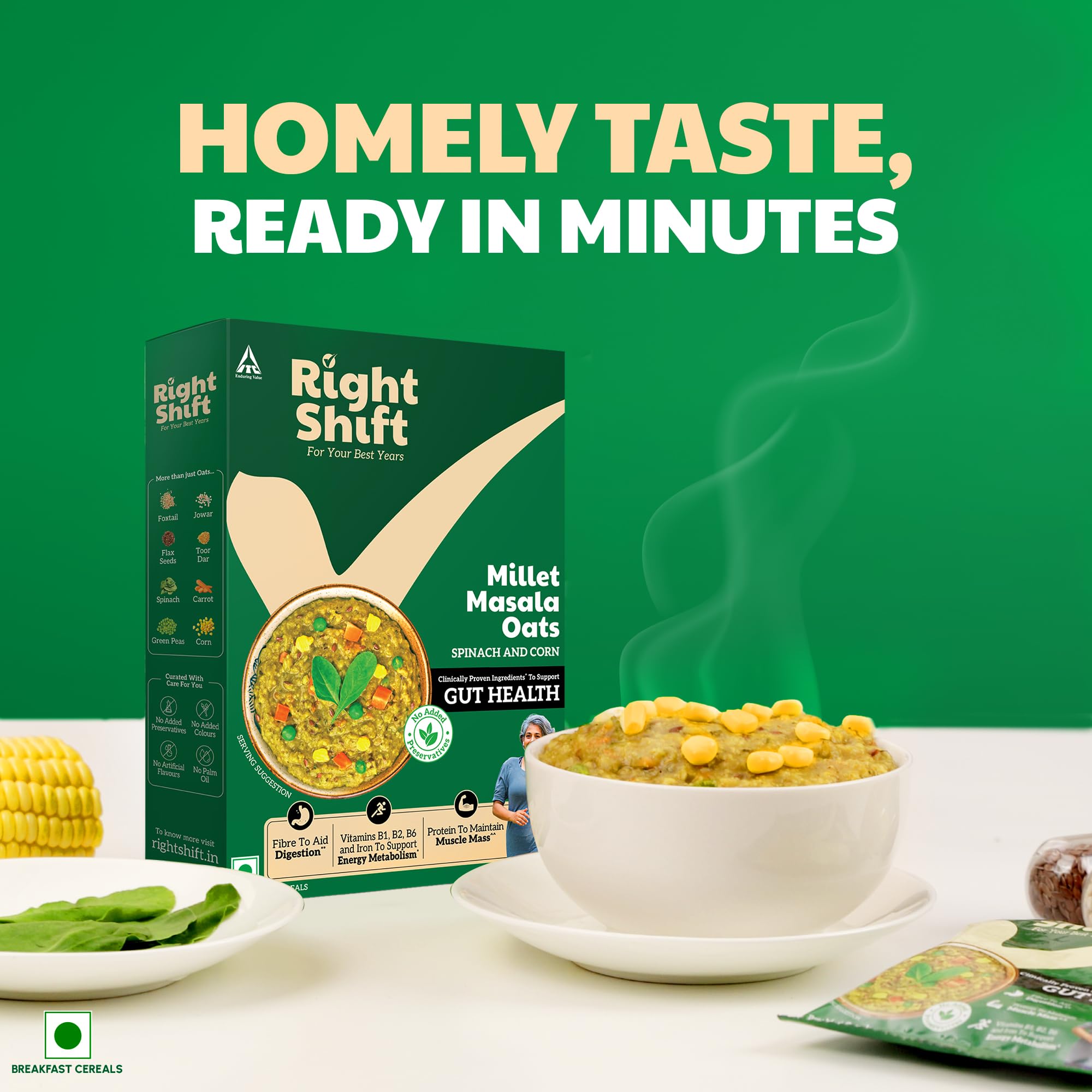 ITC Right Shift Millet Masala Oats - Spinach & Corn, 240g | High Protein Rolled Oats with Millets & Seeds | 4 Vegetable Blend | Preservative-Free Instant Oats for Weight Loss | Ready to Cook | Perfect for Breakfast, Post-Workout & Healthy Snacking