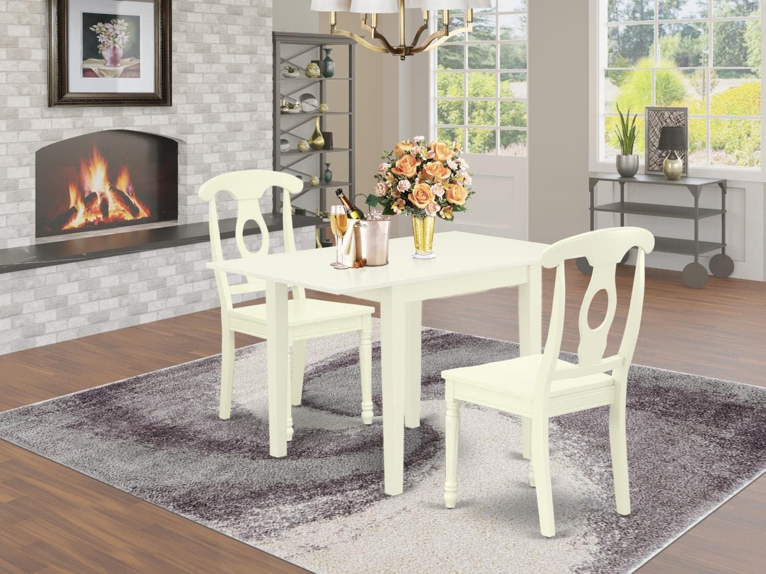 East West Furniture NDKE3-LWH-W 3-Piece Small Space Dining Set with Drop-Leaf Table & 2 Wooden Chairs, 30x48 Inch, Linen White - Perfect for Apartments, Breakfast Nooks & Cozy Kitchens