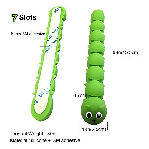 Caterpillar Cable Clips - 7 Slot Cord Organizer for Home & Office | Desk Cable Management Holder for Charger, Power Cord, Computer, Car & Bedside | USB Cable Organizer (Green) | Perfect for Workspace, Car & Travel Organization