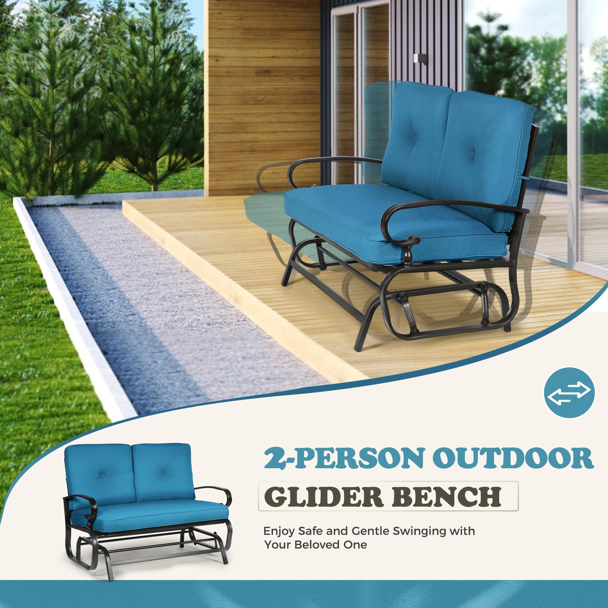 Outdoor Bench Patio Swing Glider Loveseat - 2 Seats Wrought Iron Rocking Chair with Blue Cushion - Perfect for Garden, Backyard, Porch, and Patio Relaxation