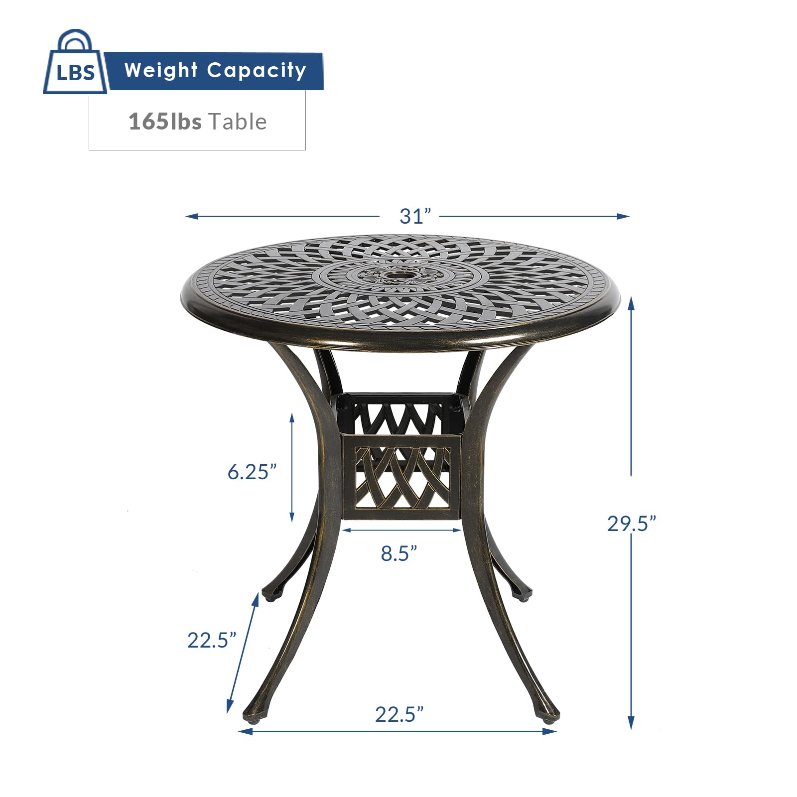 31 Inch Round Outdoor Dining Table - Bronze Cast Aluminum Patio Bistro Table with Umbrella Hole - Rustic Large Table for Backyard, Garden & Poolside Gatherings