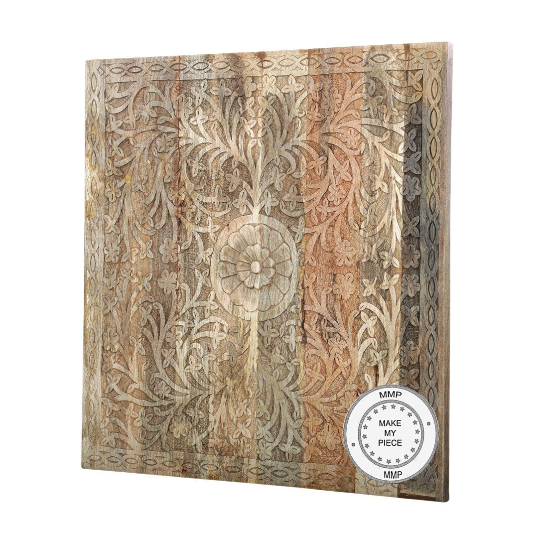 Hand Carved Indian Wooden Bedhead Panel - Natural Teak Wood Headboard for Bedroom Decor - Perfect for Boho, Rustic, and Ethnic Style Home Interiors