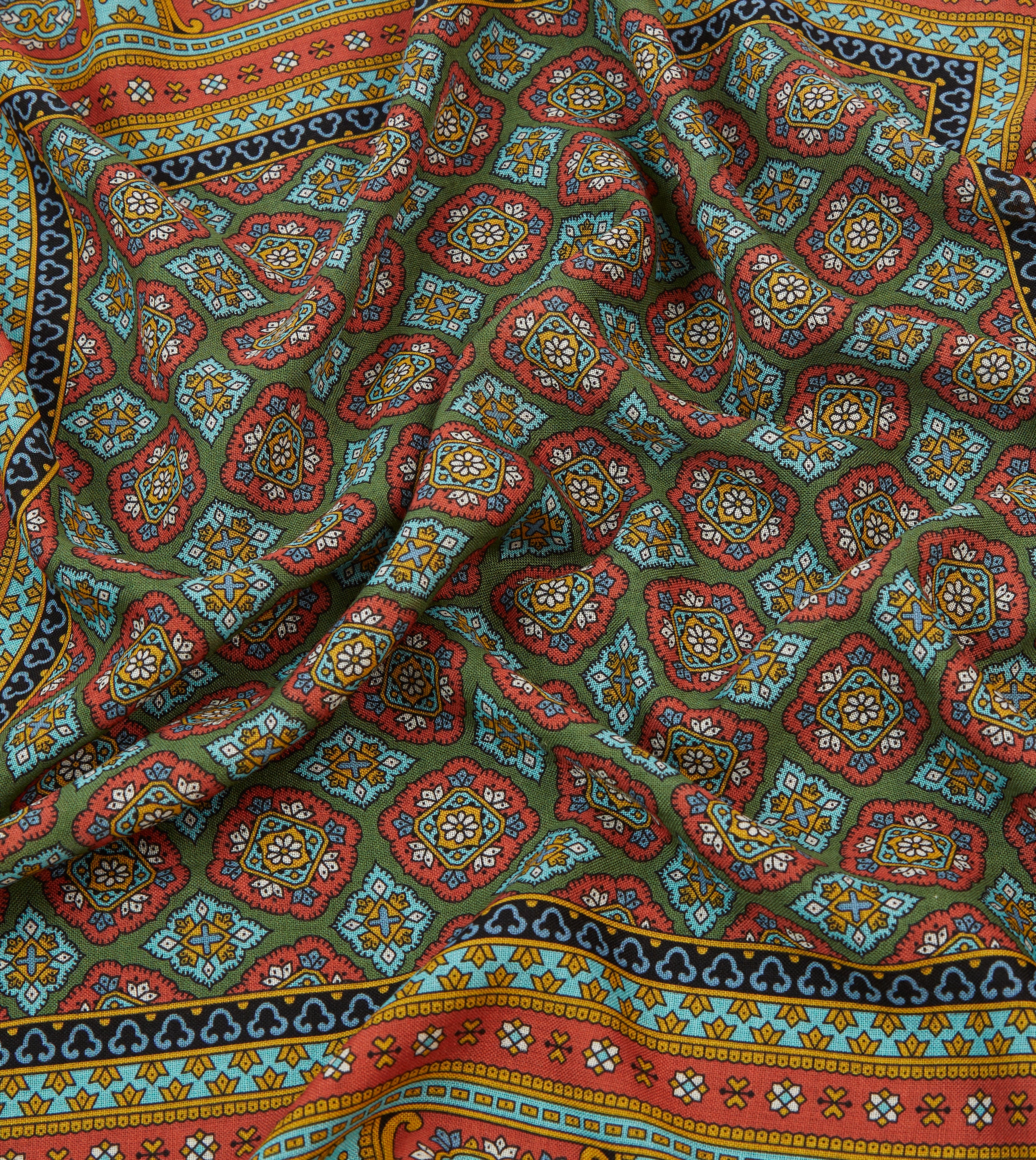 Red, Blue & Gold Floral Medallion Print Wool Silk Bandana Scarf - Stylish Hair Accessory & Neck Scarf for Women, Perfect for Boho Outfits, Festivals & Everyday Fashion