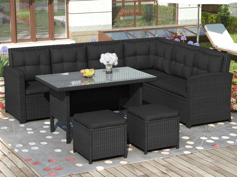 6-Piece Outdoor Patio Furniture Set - Waterproof Sectional Sofa with Tempered Glass Table & Ottomans for Poolside, Backyard, Garden, Lawn (Black) - Perfect for Relaxing, Entertaining & Outdoor Dining