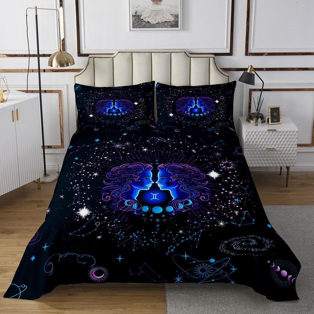 Gemini Zodiac Bedspread Set - Queen Size Trippy Cosmos Quilt & Pillowcases for Psychedelic Bedroom Decor