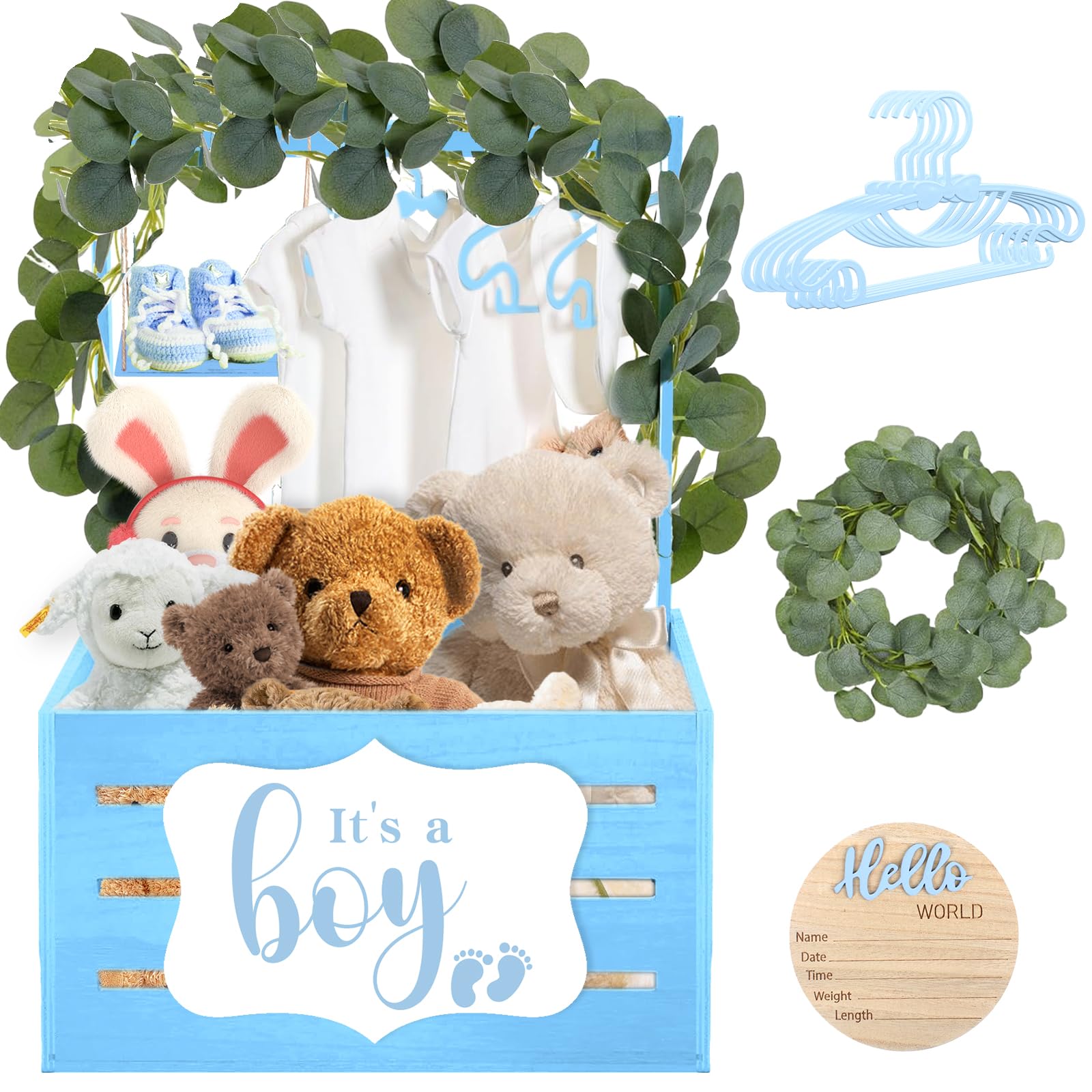 Tkifoda Wooden Baby Shower Gift Crate - Blue Storage Hamper with Handle & Clothes Hanger | Baby Shower Decor, Newborn Gift Basket for Girls | Perfect for Nursery Organization & Baby Shower Party Decorations