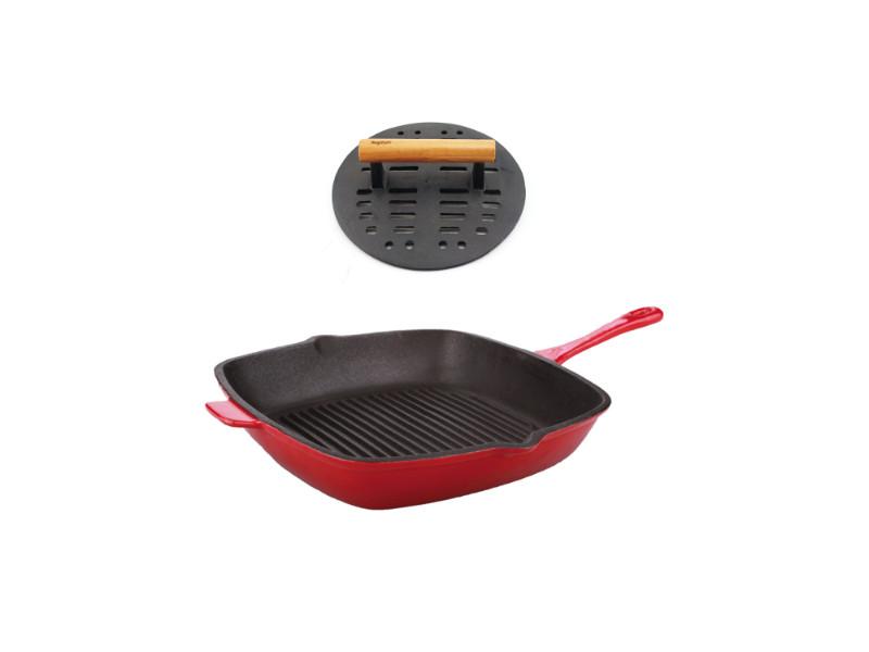BergHOFF Neo 2-Piece Cast Iron Grill Pan Set with Slotted Steak Press - 11 Inch Nonstick Skillet for Steaks, Burgers & Vegetables - Perfect for Indoor & Outdoor Cooking, Camping & BBQs - Red
