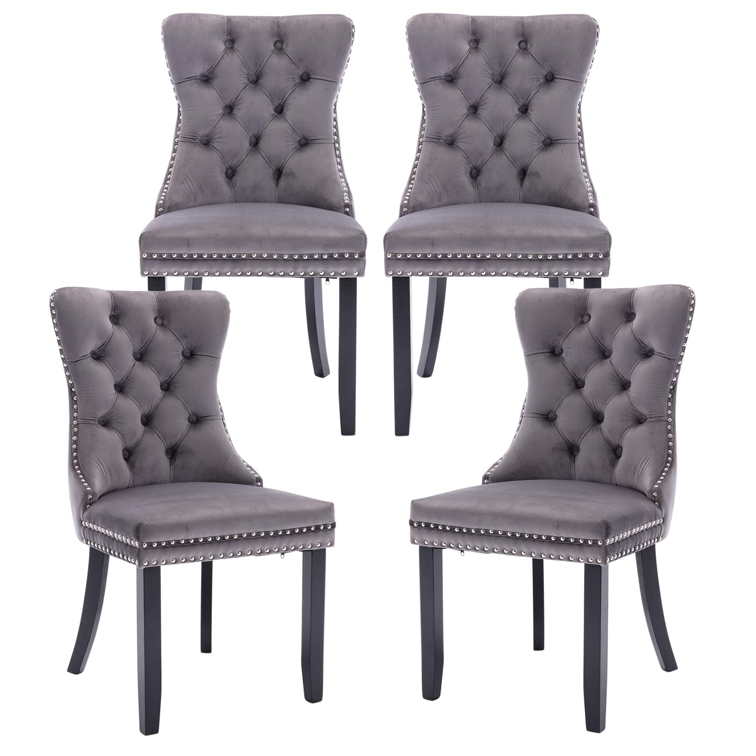 Kiztir Velvet Dining Chairs Set of 4 - Upholstered Luxury Tufted Chairs with Ring Pull Trim & Button Back - Elegant Gray Dining Room Chairs for Kitchen, Living Room & Bedroom | Perfect for Home Decor, Dinner Parties & Cozy Gatherings