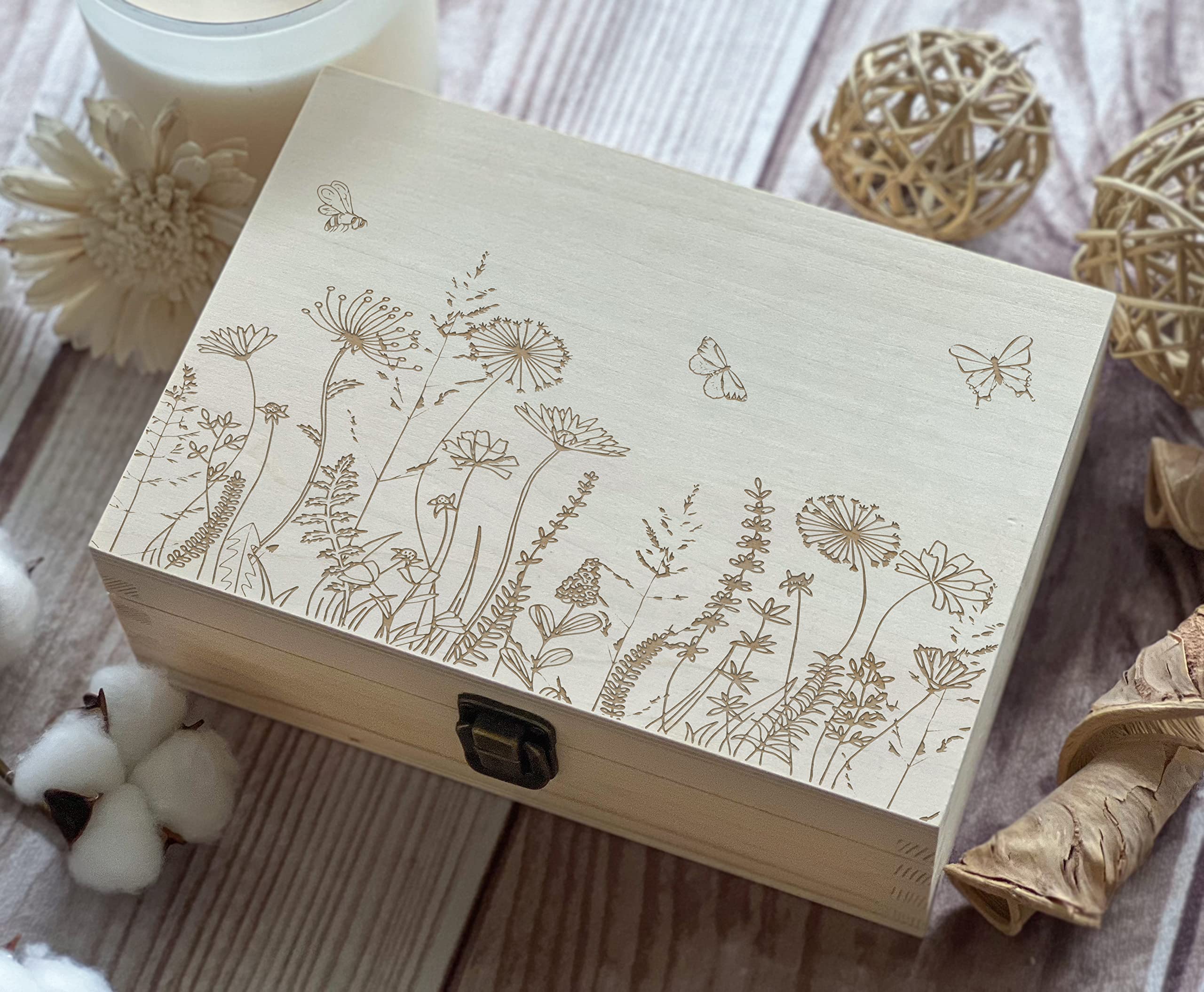 Handcrafted Wooden Keepsake Box with Floral & Butterfly Design - Perfect Gift for Women, Anniversary, Wedding & 30th Birthday - 8.5x6x3 Inch Memory Box for Best Friend (Natural Color) - Ideal for Jewelry Storage, Home Decor & Special Occasion Gifts
