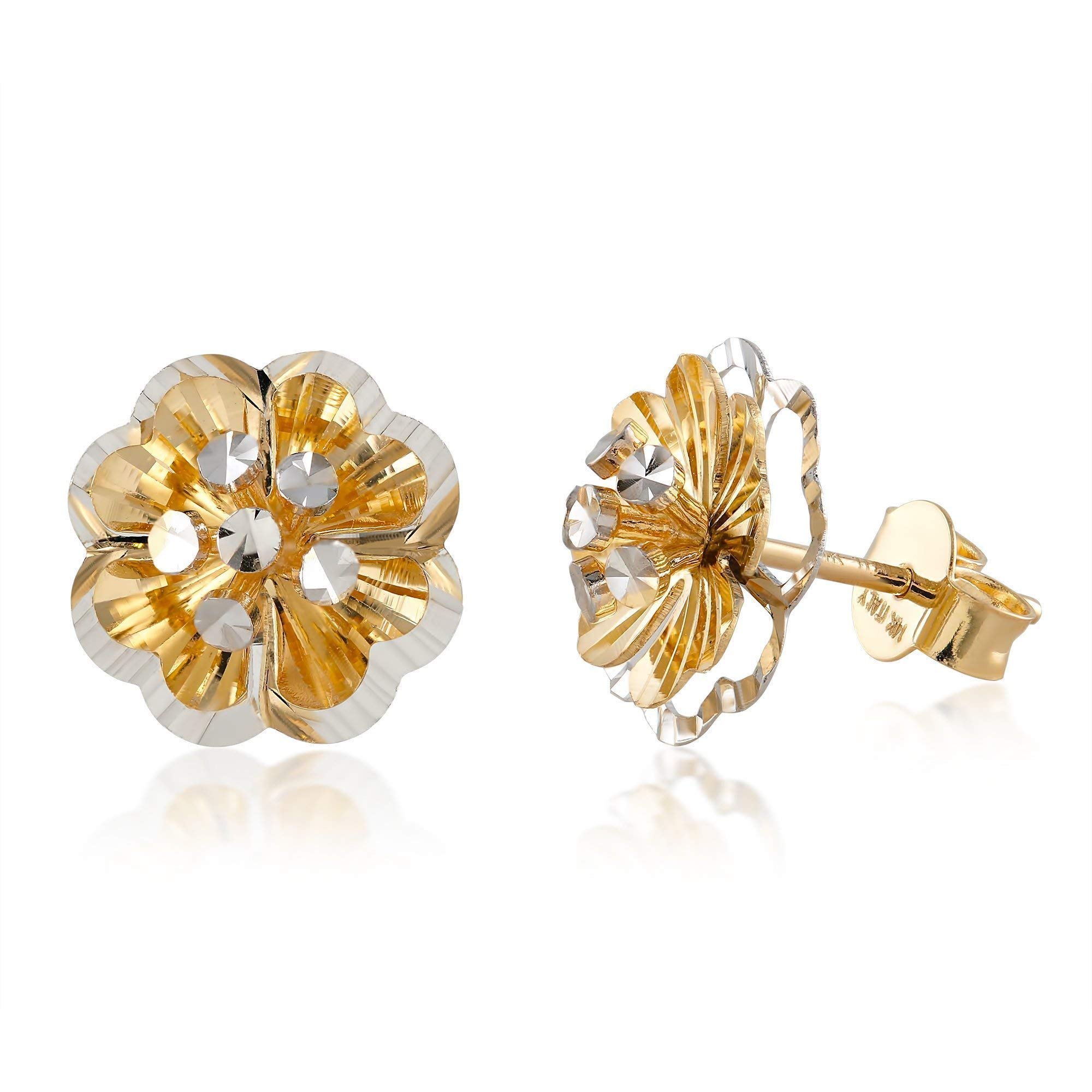 14K Two-Tone Gold Flower Stud Earrings for Women - Elegant Fine Jewelry Gift for Her - Perfect for Weddings, Parties & Everyday Wear