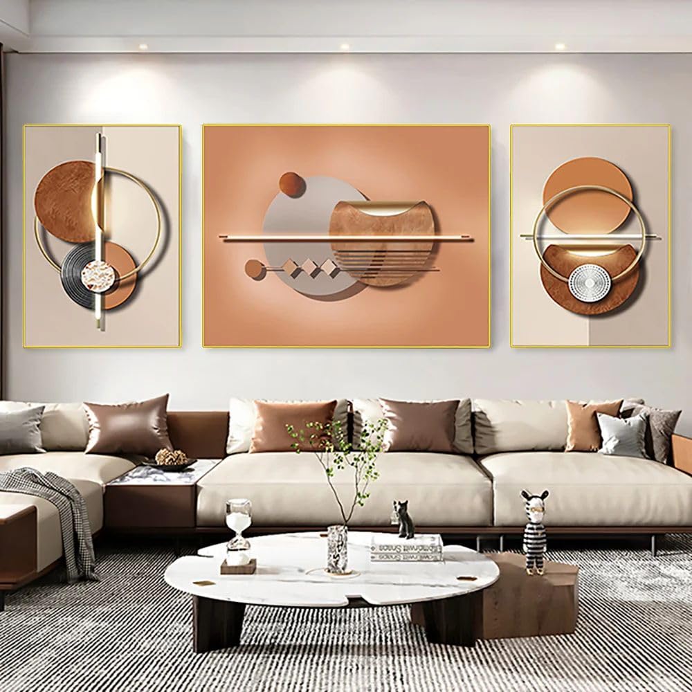 Abstract Wall Art Set of 3 - Modern Geometric Canvas Paintings with Frame - Wall Decor for Living Room, Bedroom & Office - Home & Office Decor