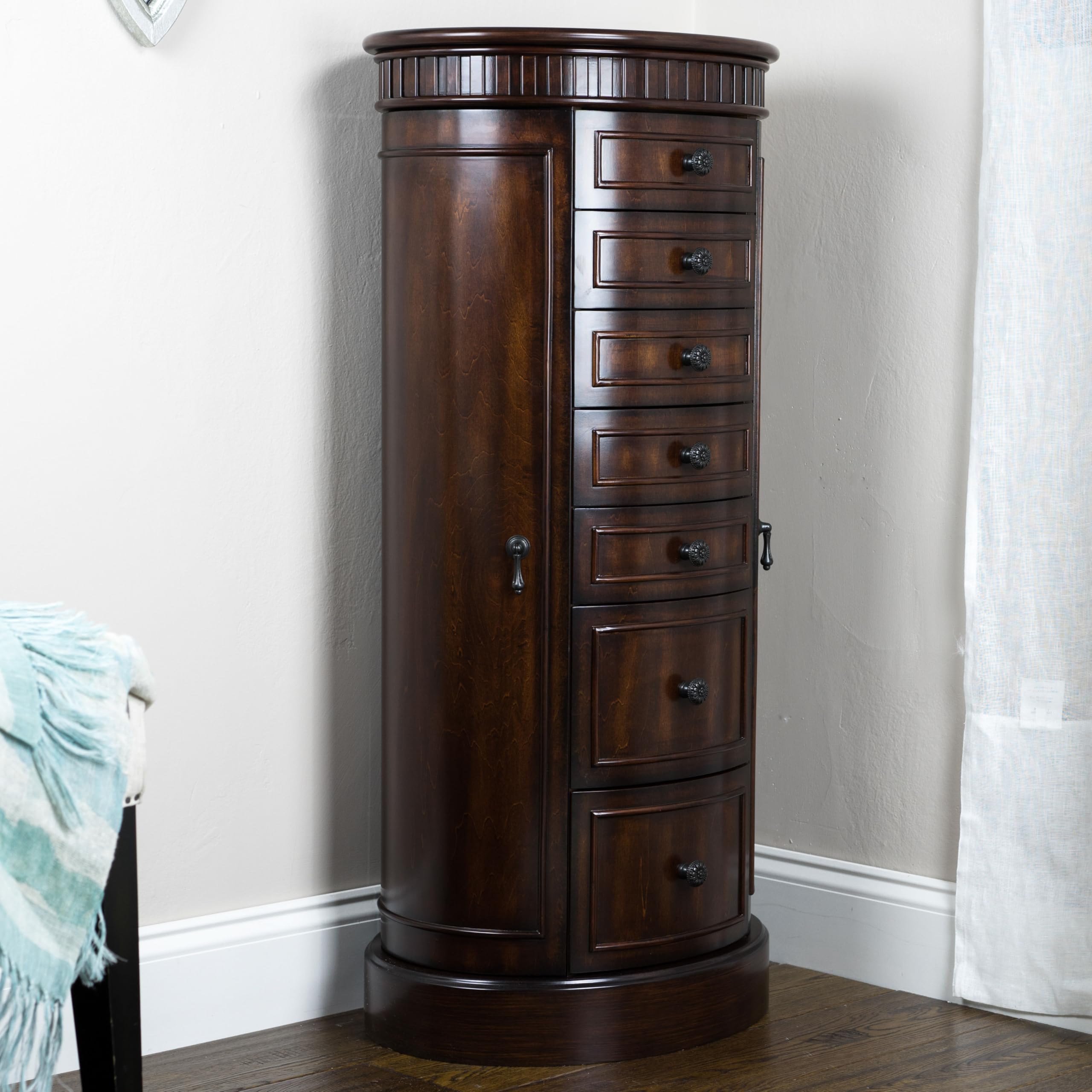 Bailey Oval Jewelry Armoire with Mirror & Drawers - Walnut Jewelry Storage for Necklaces, Earrings & Bracelets - Bedroom & Closet Organizer