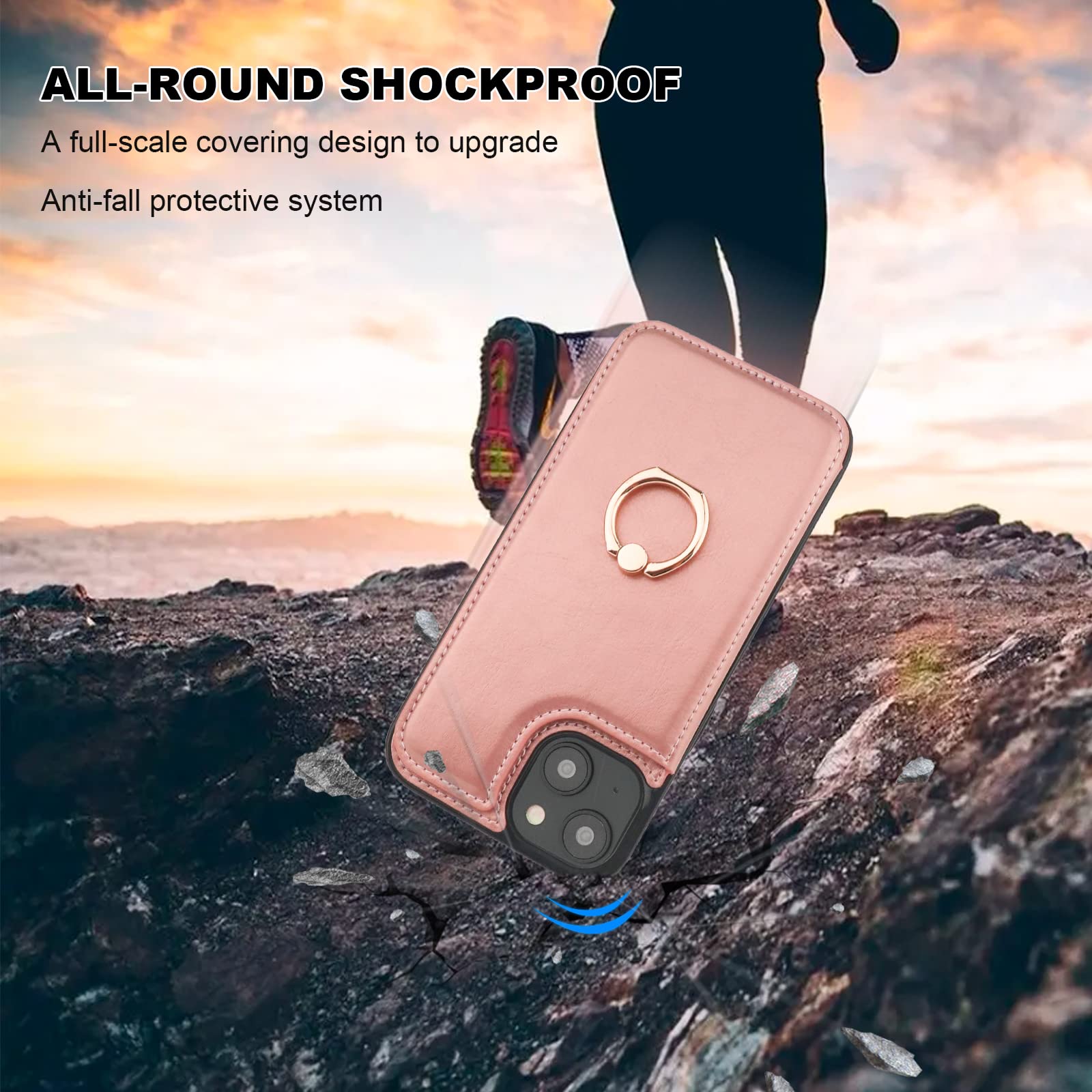 Premium 360° Rotating Ring Kickstand iPhone 15 Wallet Case with RFID Blocking - PU Leather Magnetic Clasp Shockproof Cover for Women (6.1