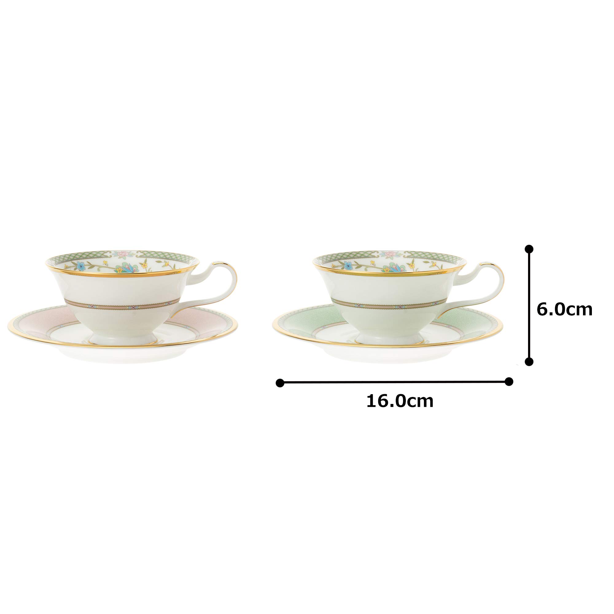 Noritake Bone China Tea and Coffee Cup Set - Yoshino Green & Pink Bowls (Pair) Y6988/998307 - Elegant Japanese Import for Afternoon Tea & Gifting