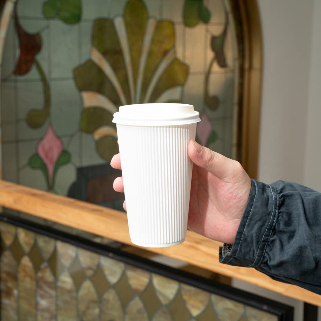 16oz Disposable Coffee Cups - 500 Pack White Insulated Paper Cups with Ripple Wall & Rolled Rim for Hot Coffee, Tea, Cocoa - Lids Sold Separately - Perfect for Restaurants, Cafes, Offices & Home Use