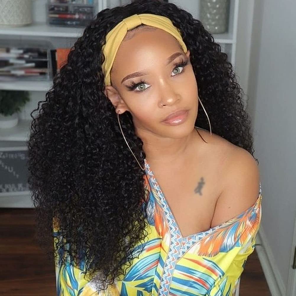 10A 180% Density Kinky Curly Human Hair Headband Wigs for Black Women - Glueless No Lace Front Natural Color 24 Inch - Perfect for Daily Wear, Parties & Protective Styling
