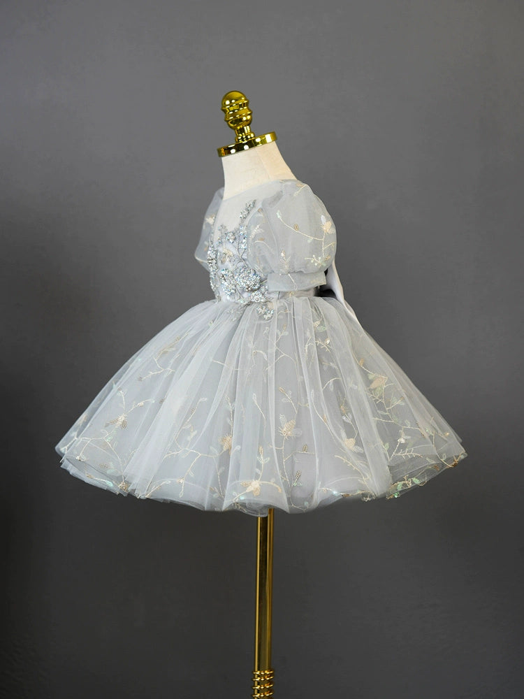 Grey Princess Round Tea Length Tulle Flower Girl Dress for Weddings & Special Occasions