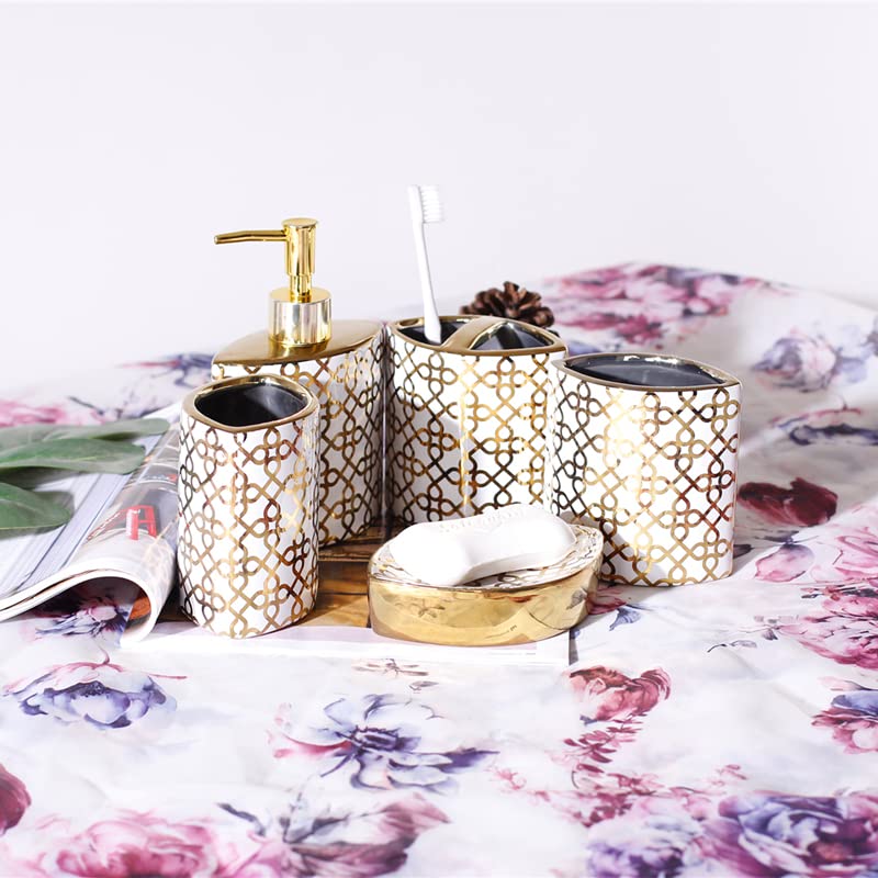 5-Piece Ceramic Bathroom Accessory Set - Includes 2 Mouthwash Cups, Soap Dish, Toothbrush Holder & Lotion Dispenser - Modern Toilet Organizer for Home, Guest Bathroom & Spa Decor
