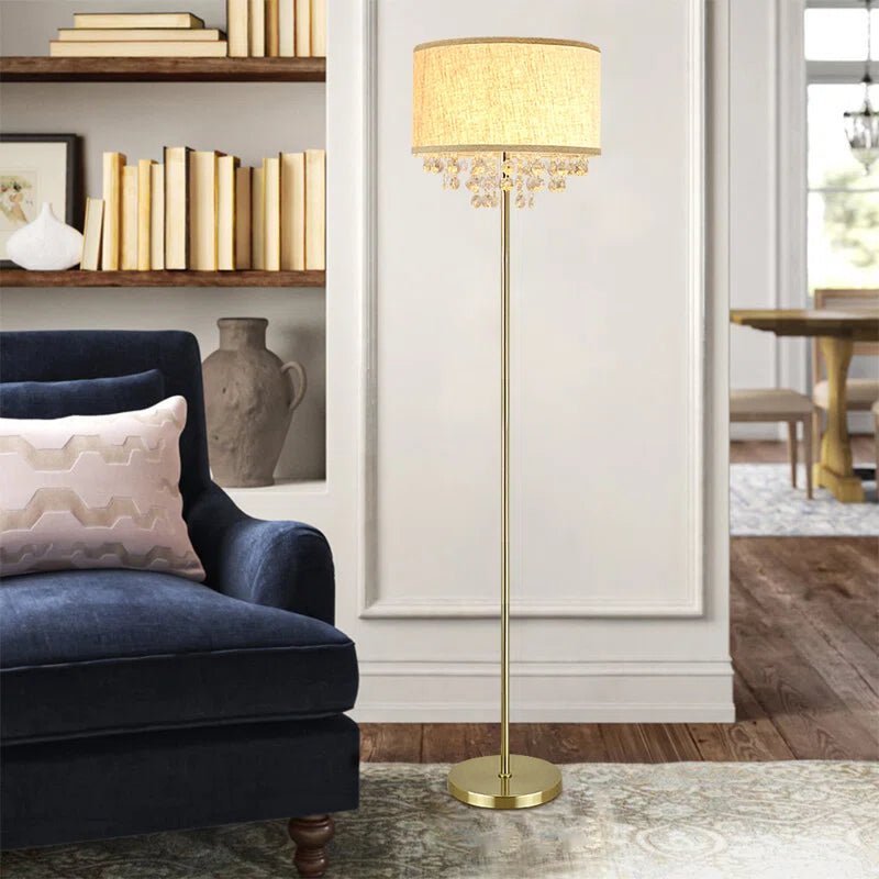 DLLT Modern LED Floor Lamp with Crystal Accents - Elegant Standing Light for Living Room, Bedroom & Study - Mid Century & Farmhouse Style - Adjustable Tall Pole with Fabric Drum Shade - Brass Finish - Perfect for Reading, Relaxing & Home Decor