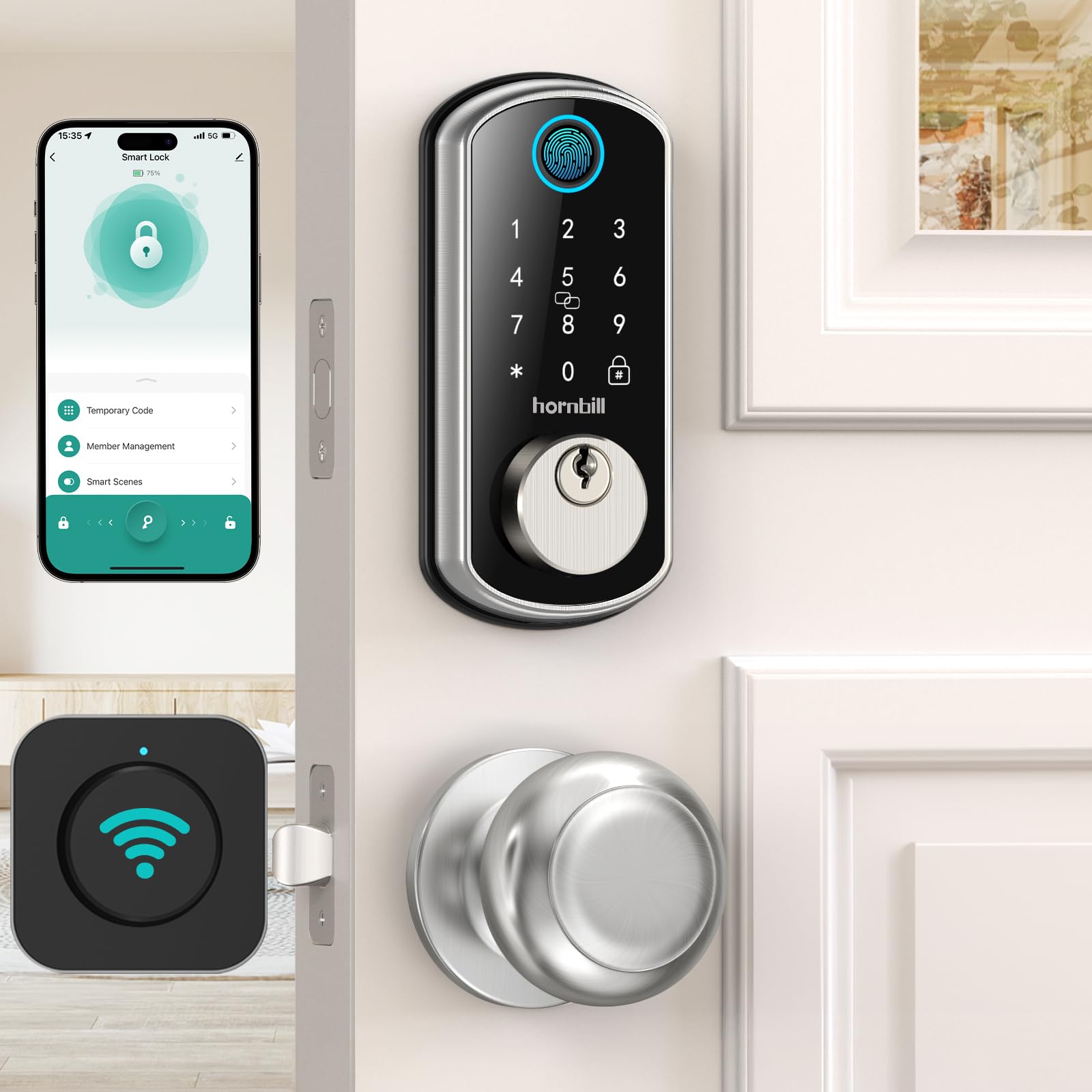Smart WiFi Door Lock Set - Hornbill Silver Keyless Entry Fingerprint Deadbolt with Handle, 2 Knobs, Alexa & Bluetooth, Remote Code & Auto Lock - Ideal for Home, Hotel & Office Security (Easy Installation & Smart Access)
