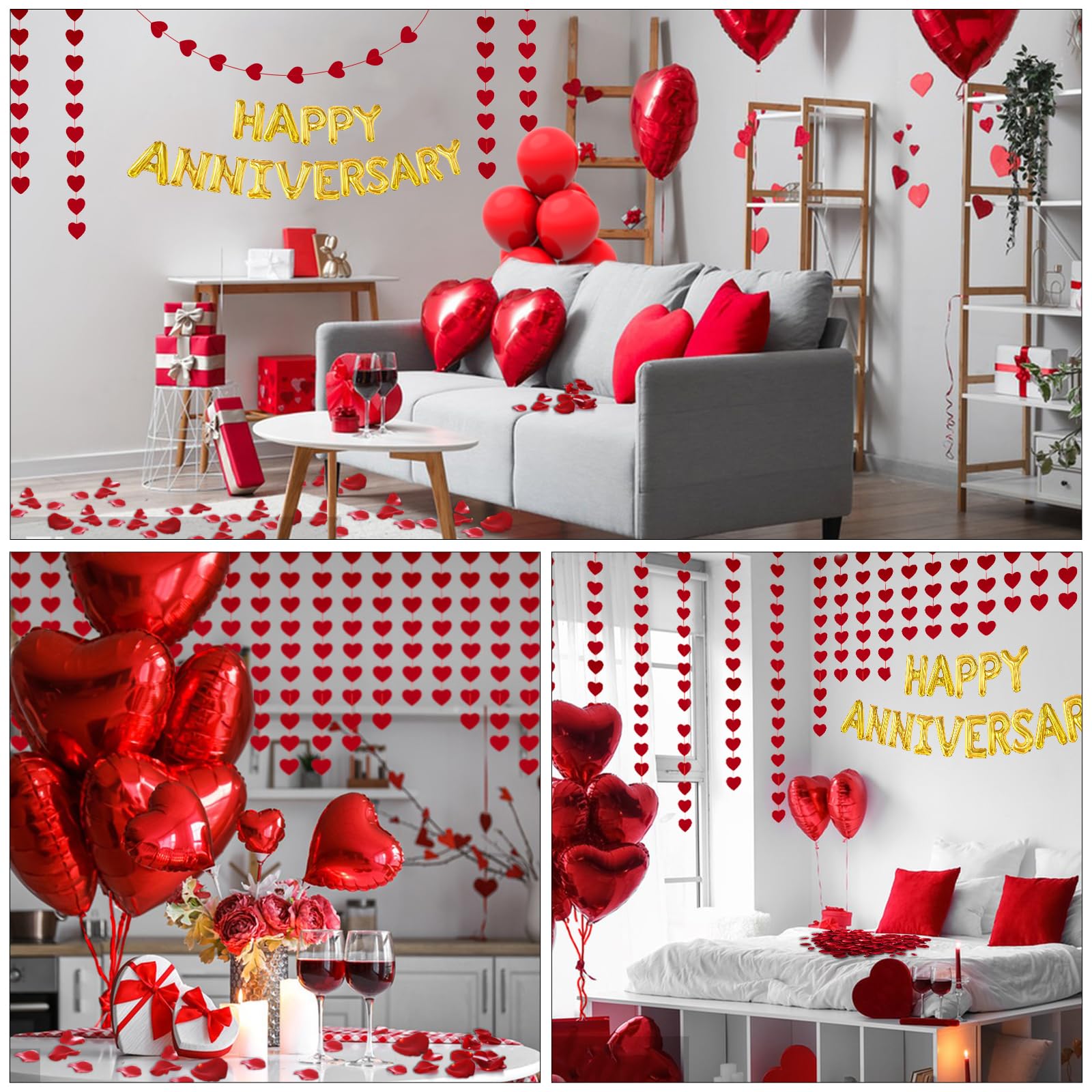 Happy Anniversary Balloons & Red Felt Garland - Romantic Party Decorations for Wedding, Bridal Shower, Anniversary Celebrations - Includes String Hearts, Red Balloons & Silk Rose Petals - Perfect for Indoor/Outdoor Party Decor