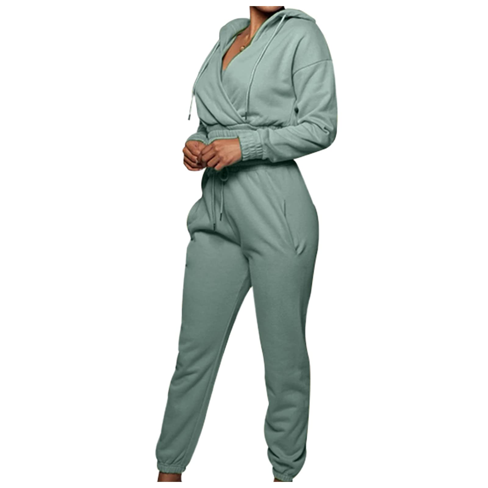 Women's 2-Piece Tracksuit Set - Long Sleeve V-Neck Hoodie & High Waist Drawstring Joggers - Solid Color Lounge Wear for Yoga, Running, and Casual Outfits
