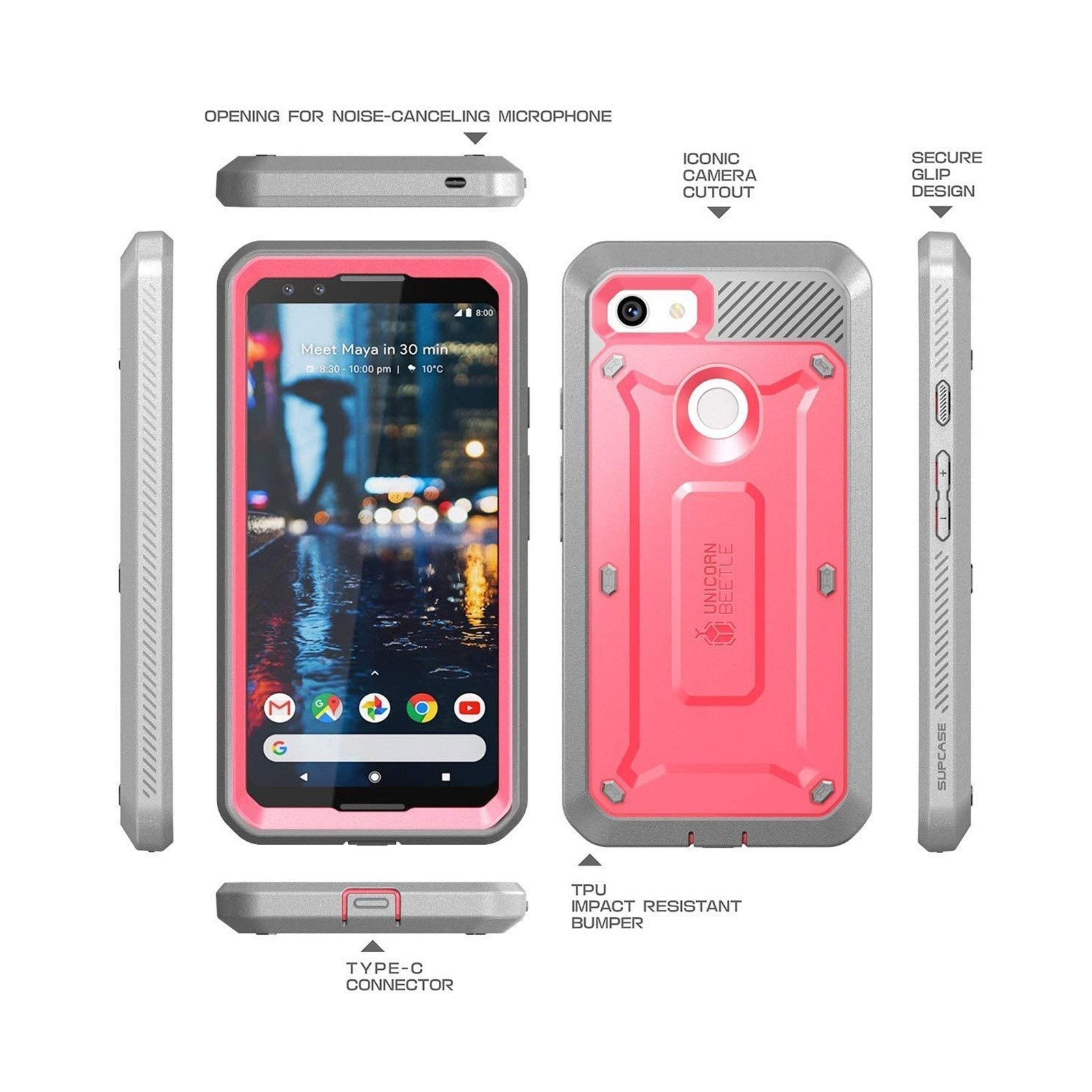 Google Pixel 3 Unicorn Beetle Pro Rugged Holster Case with Built-in Screen Protector - Shockproof & Drop Protection - Pink - Perfect for Outdoor, Work & Extreme Sports